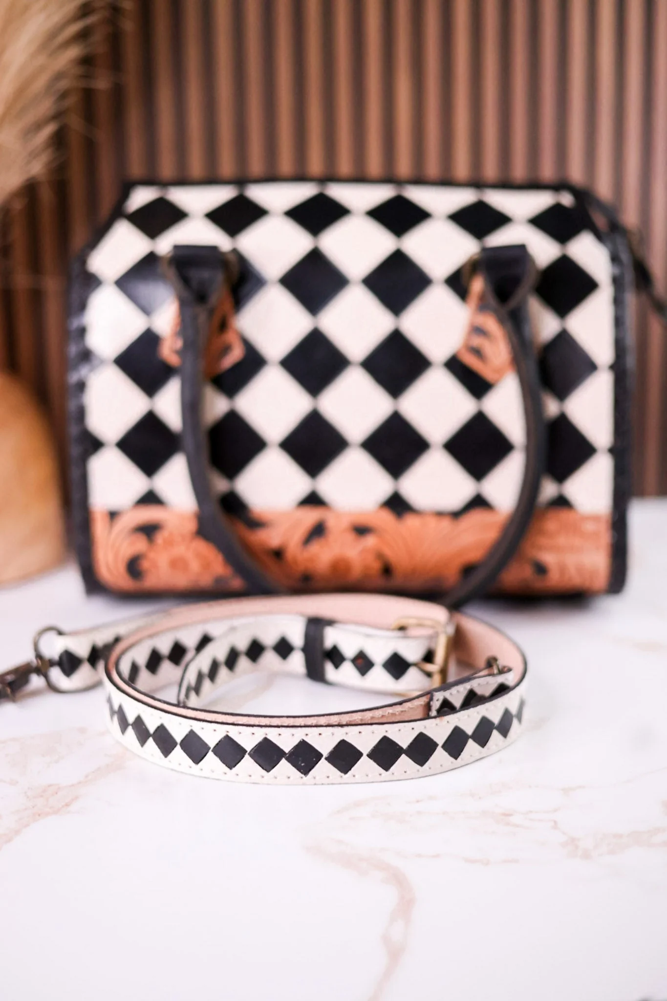 Black & White Checkered Tooled Leather Bag W/ Floral Tooling - Image 8