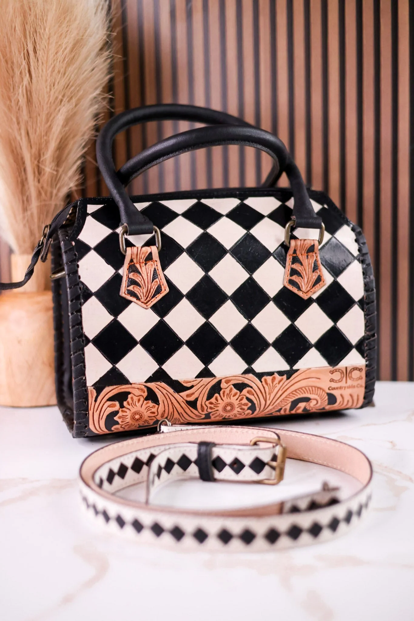 Black & White Checkered Tooled Leather Bag W/ Floral Tooling - Image 9