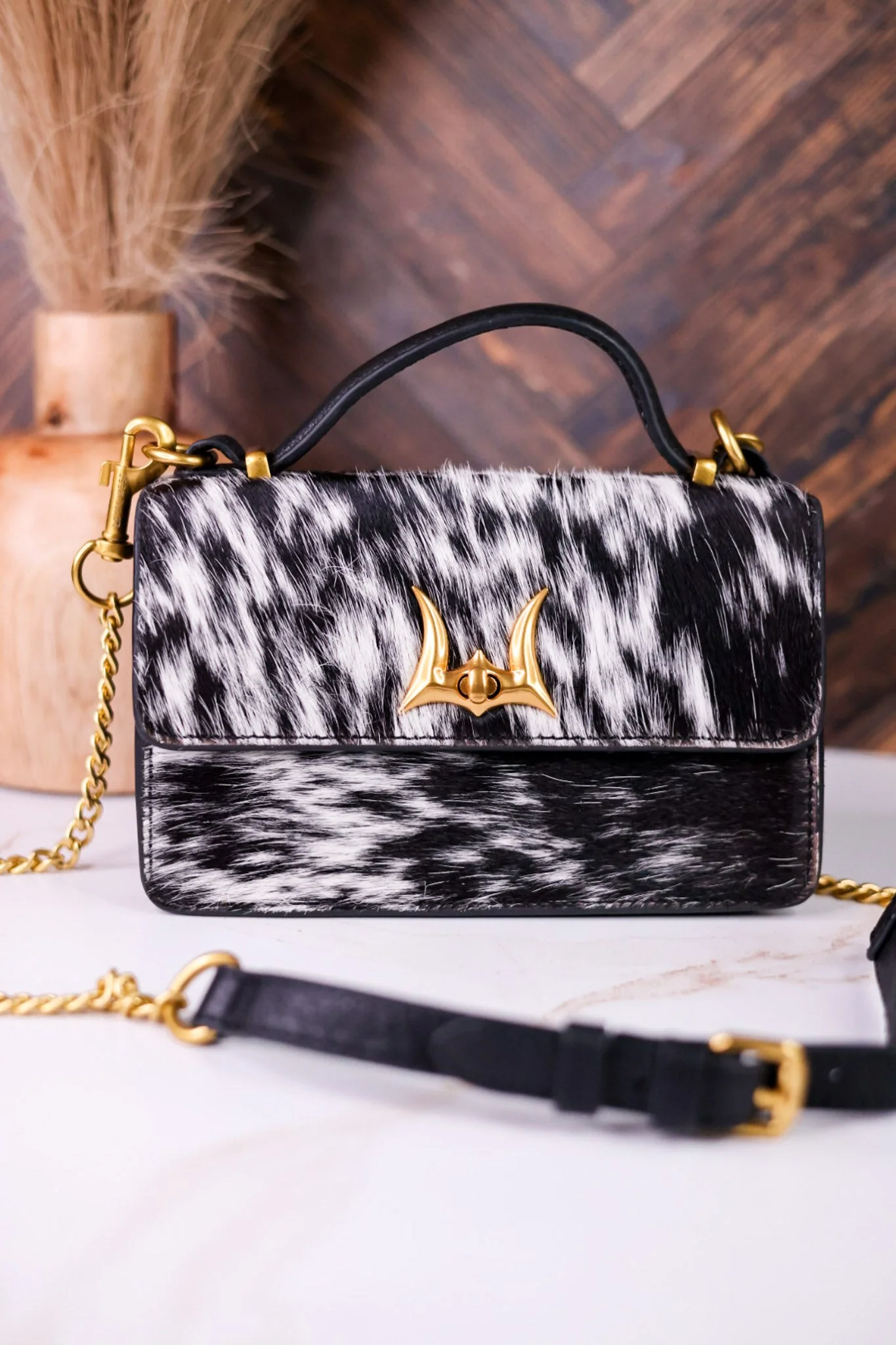 Black & White Cowhide Valencia Ostrich Bag W/ Leather Features - Image 7