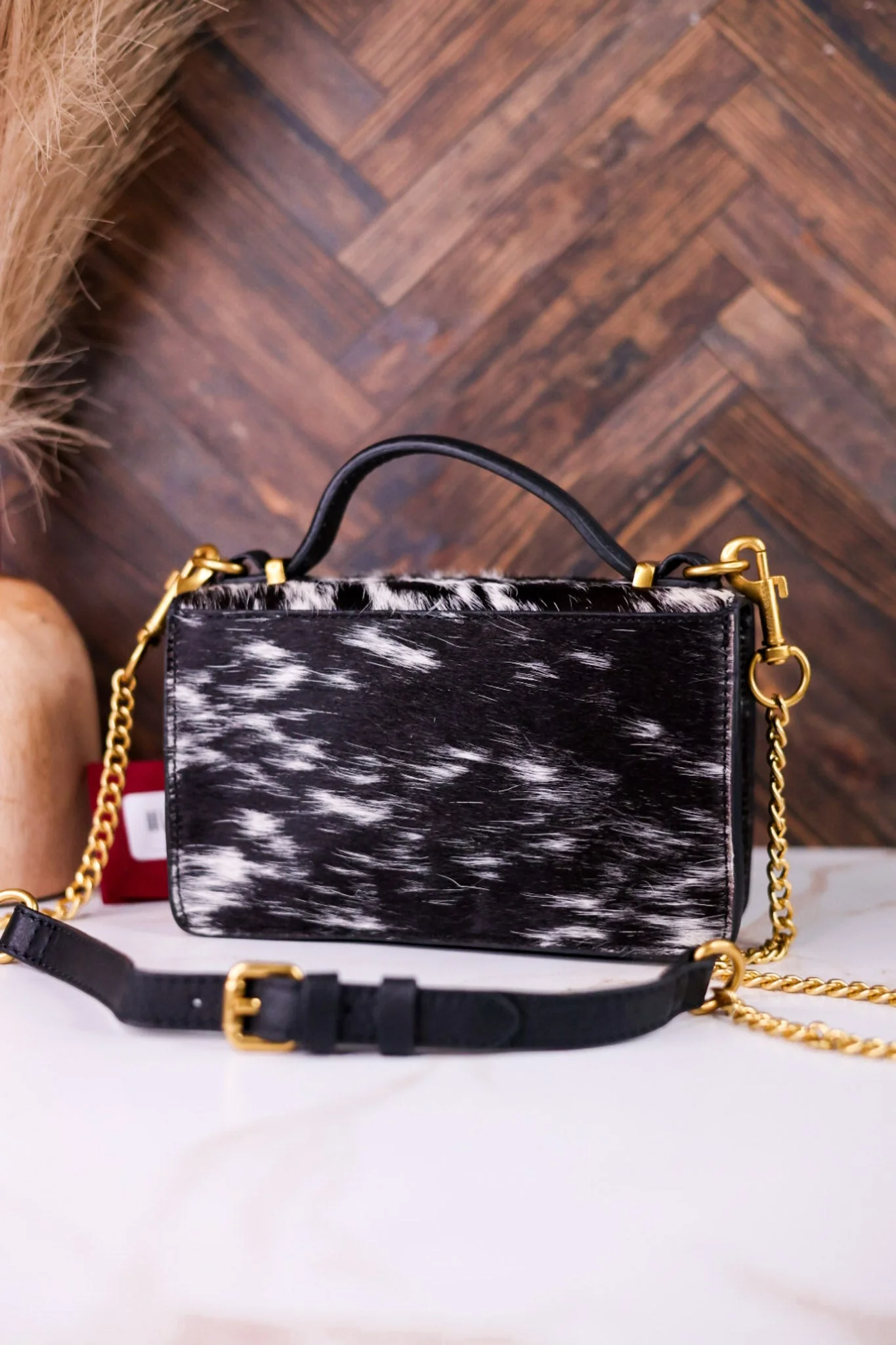 Black & White Cowhide Valencia Ostrich Bag W/ Leather Features - Image 9