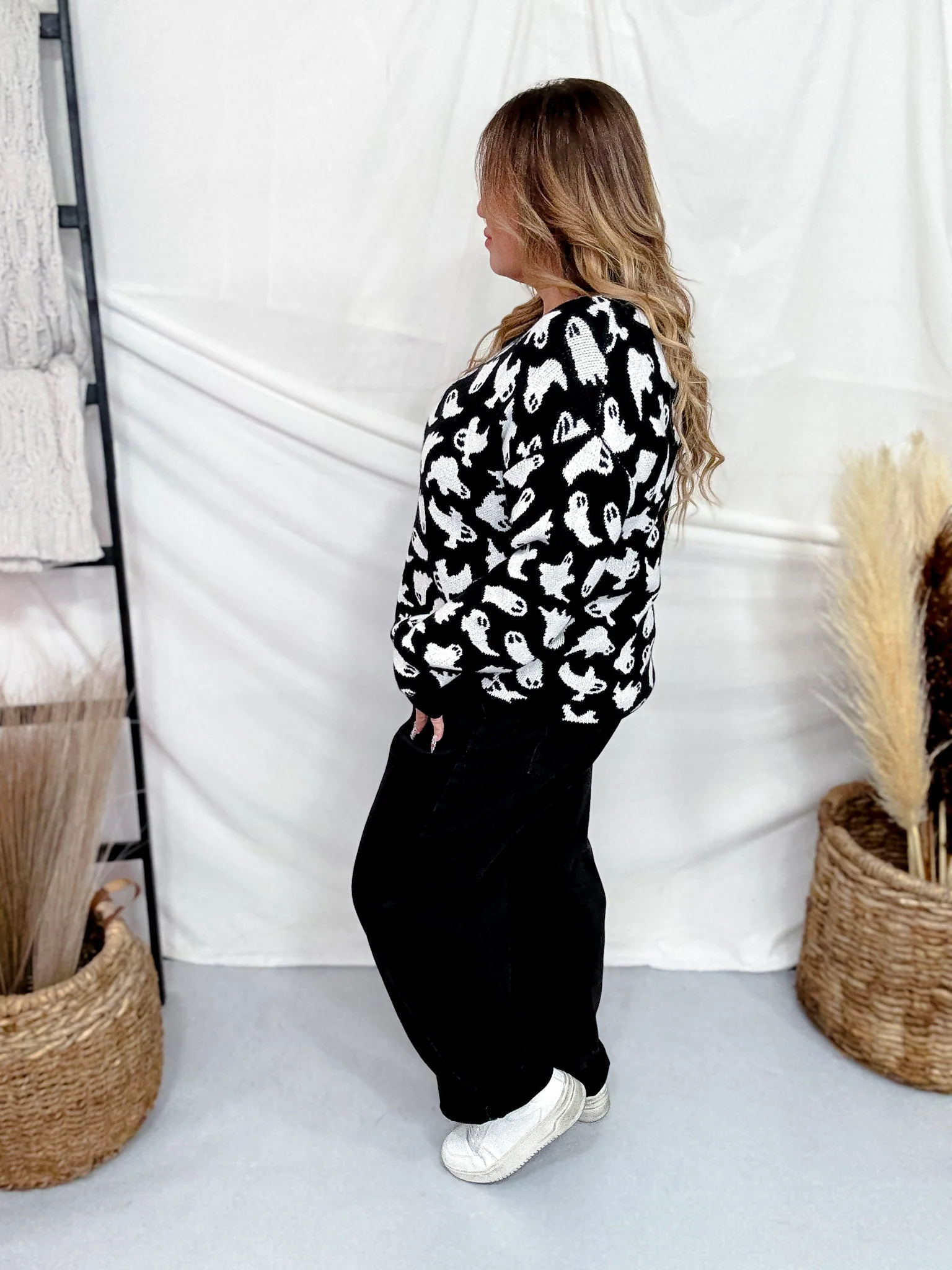 Black & White Ghost Print Pullover Sweater FINAL SALE - Image 5