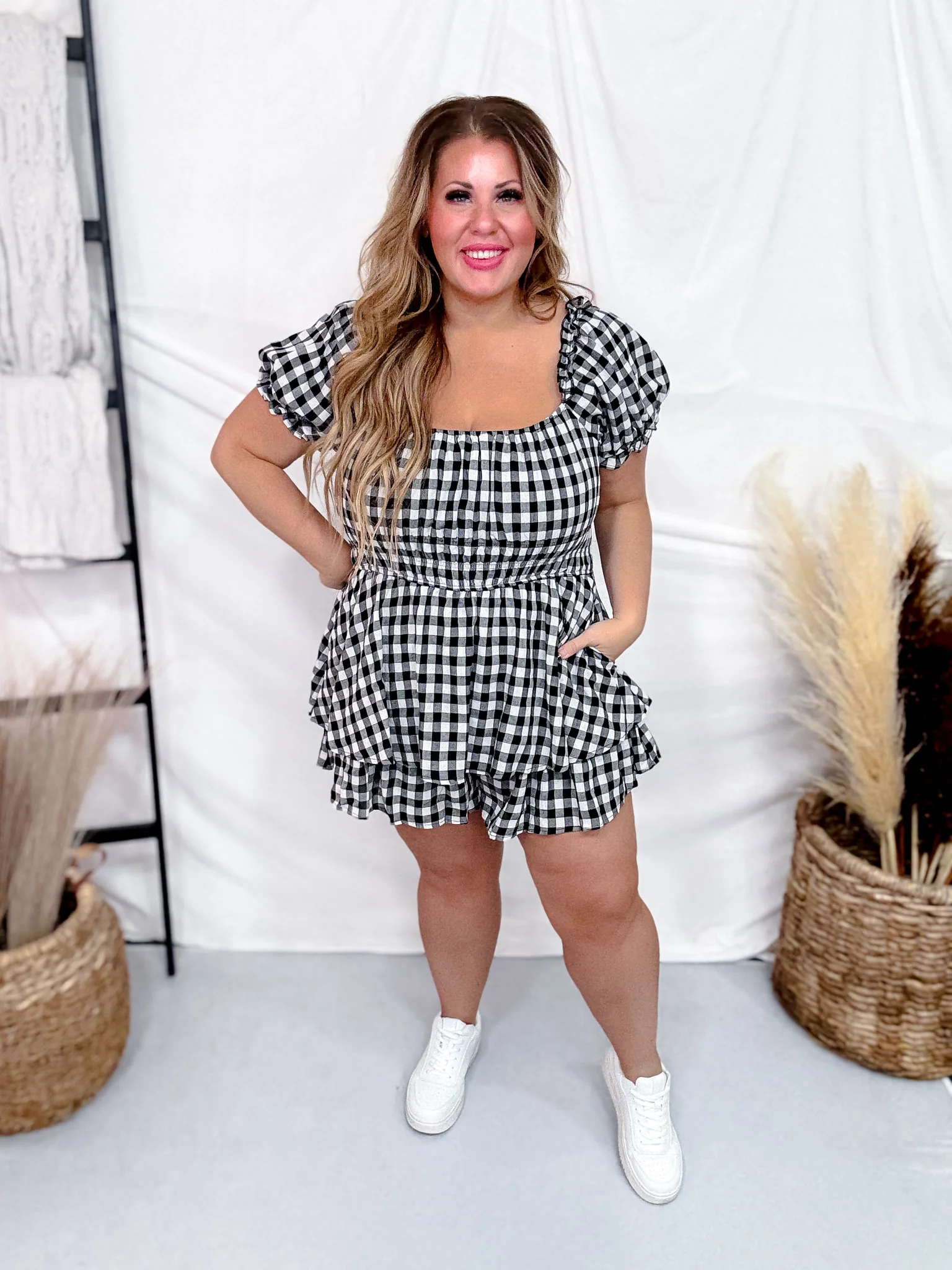 Black & White Gingham Print Puff Short Sleeve Romper FINAL SALE - Image 4