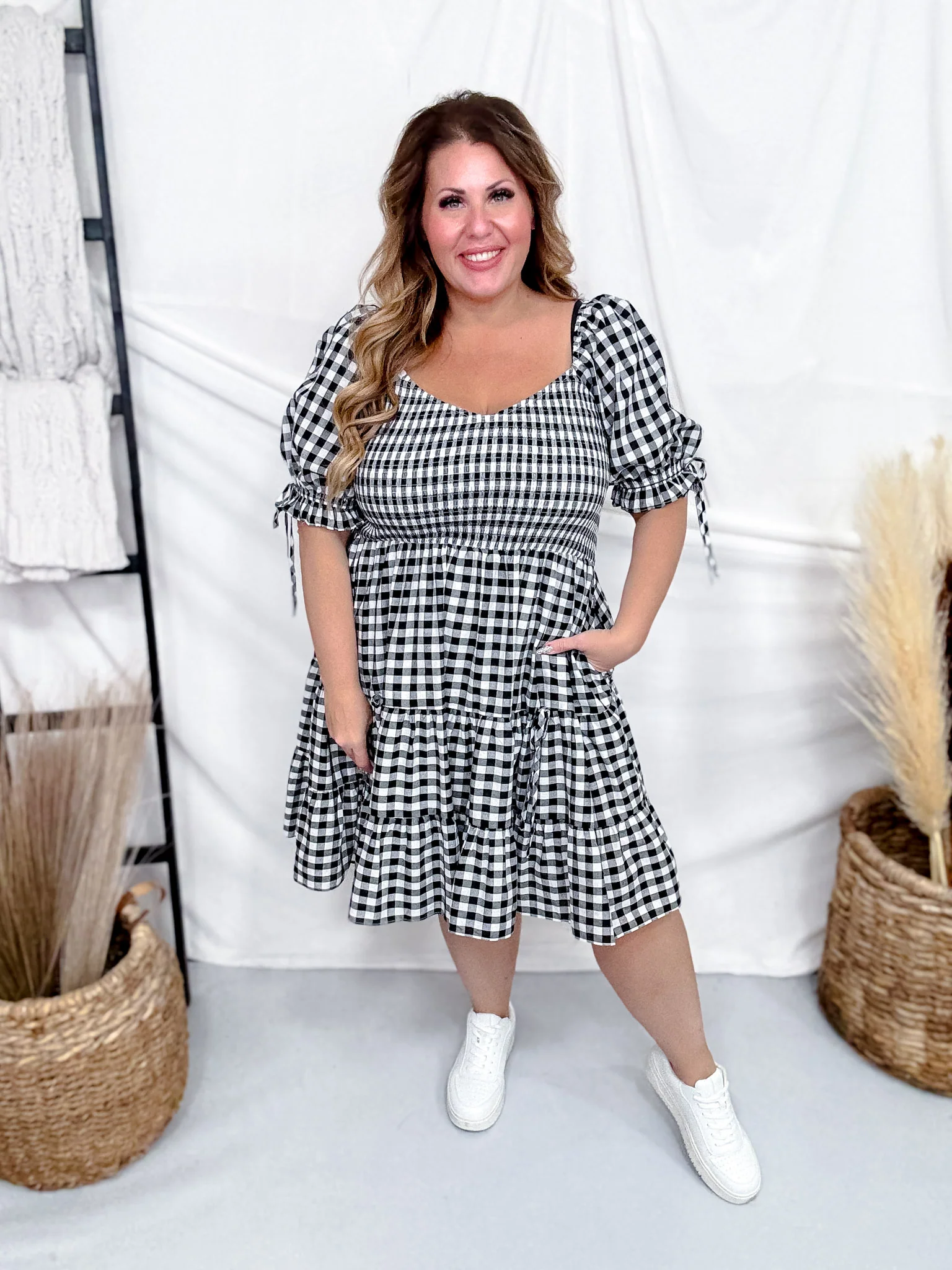 Black & White Gingham Puff Sleeve Midi Dress FINAL SALE - Image 5