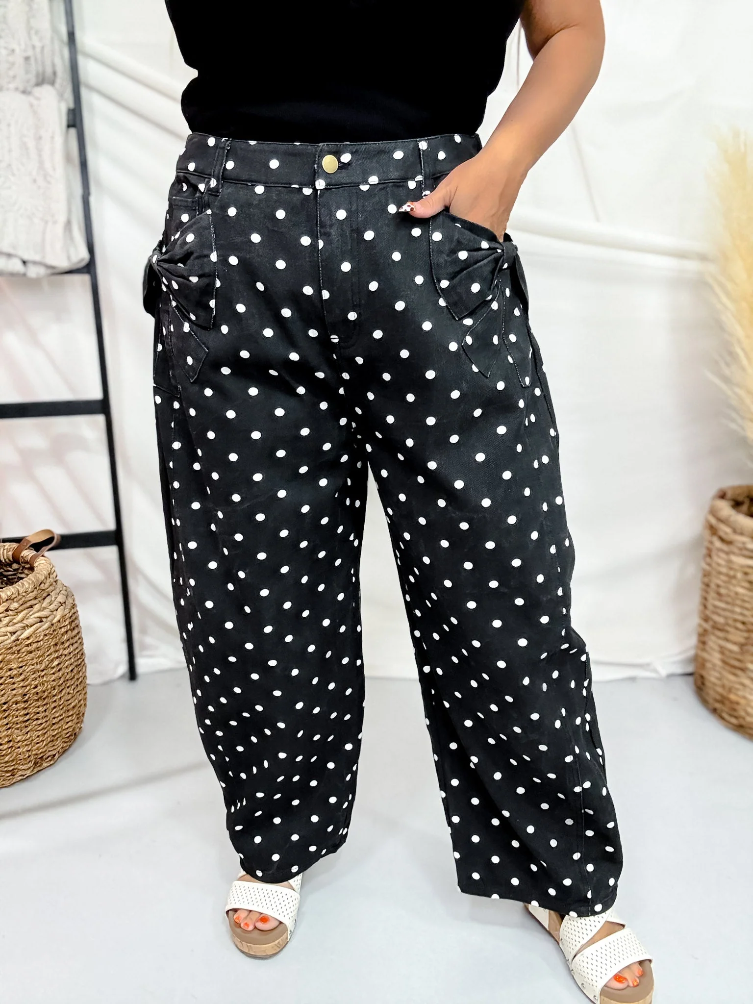 Black & White Polka Dot High Waist Barrel Leg Jeans - Image 5