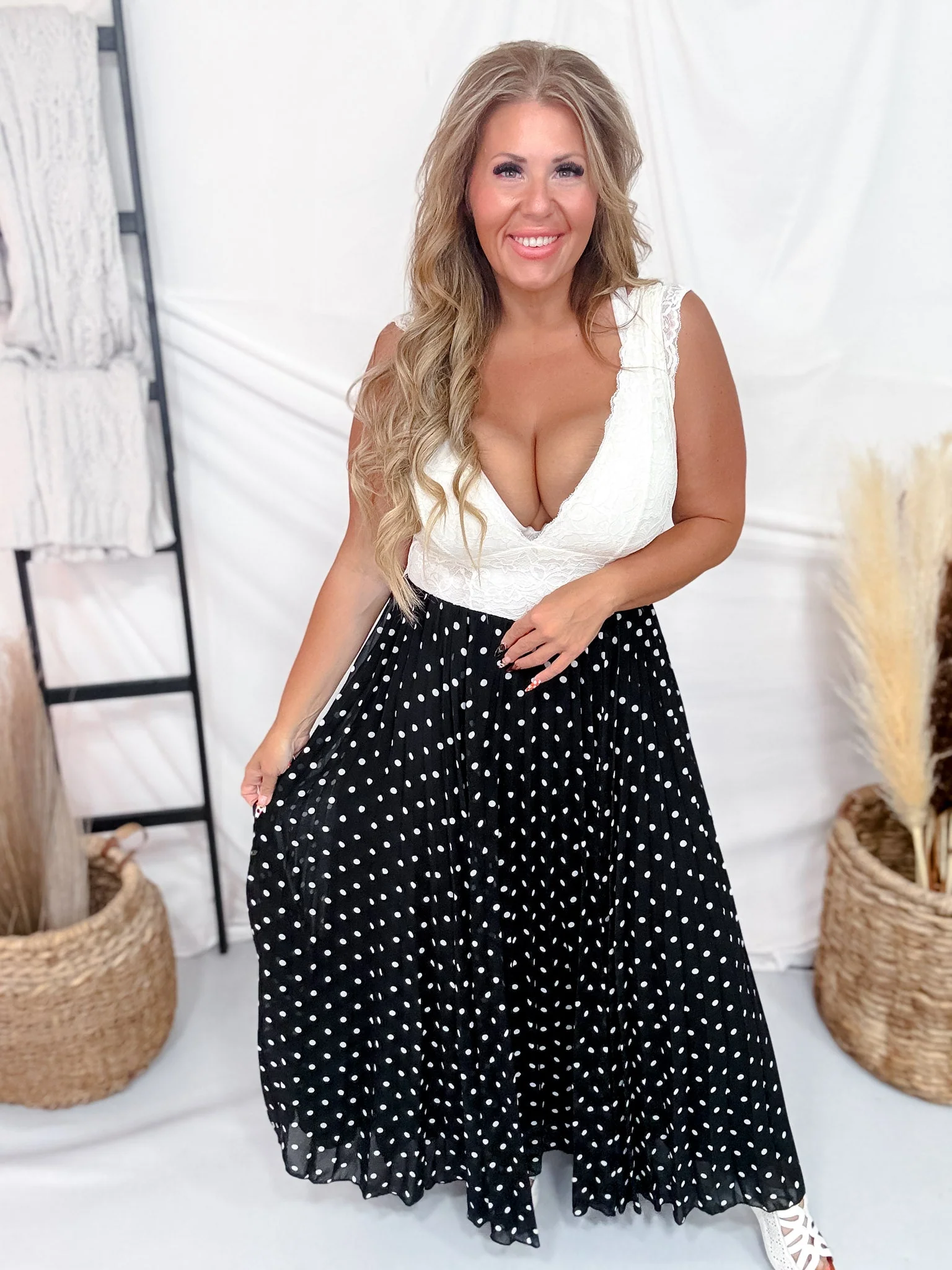 Black & White Polka Dot Pleated Midi Skirt - Image 4