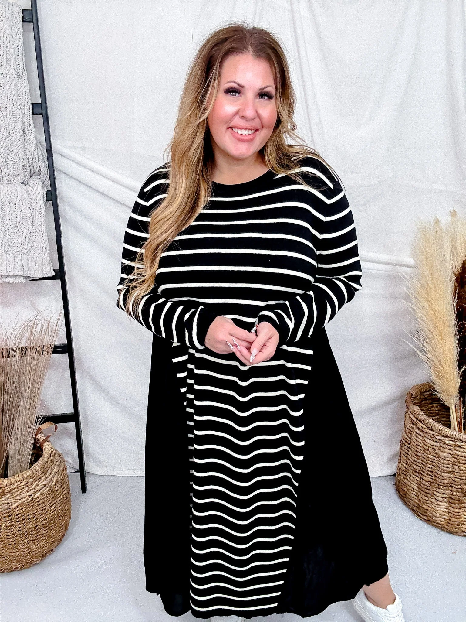 Black & White Striped Color Block Long Sleeve Dress FINAL SALE - Image 8