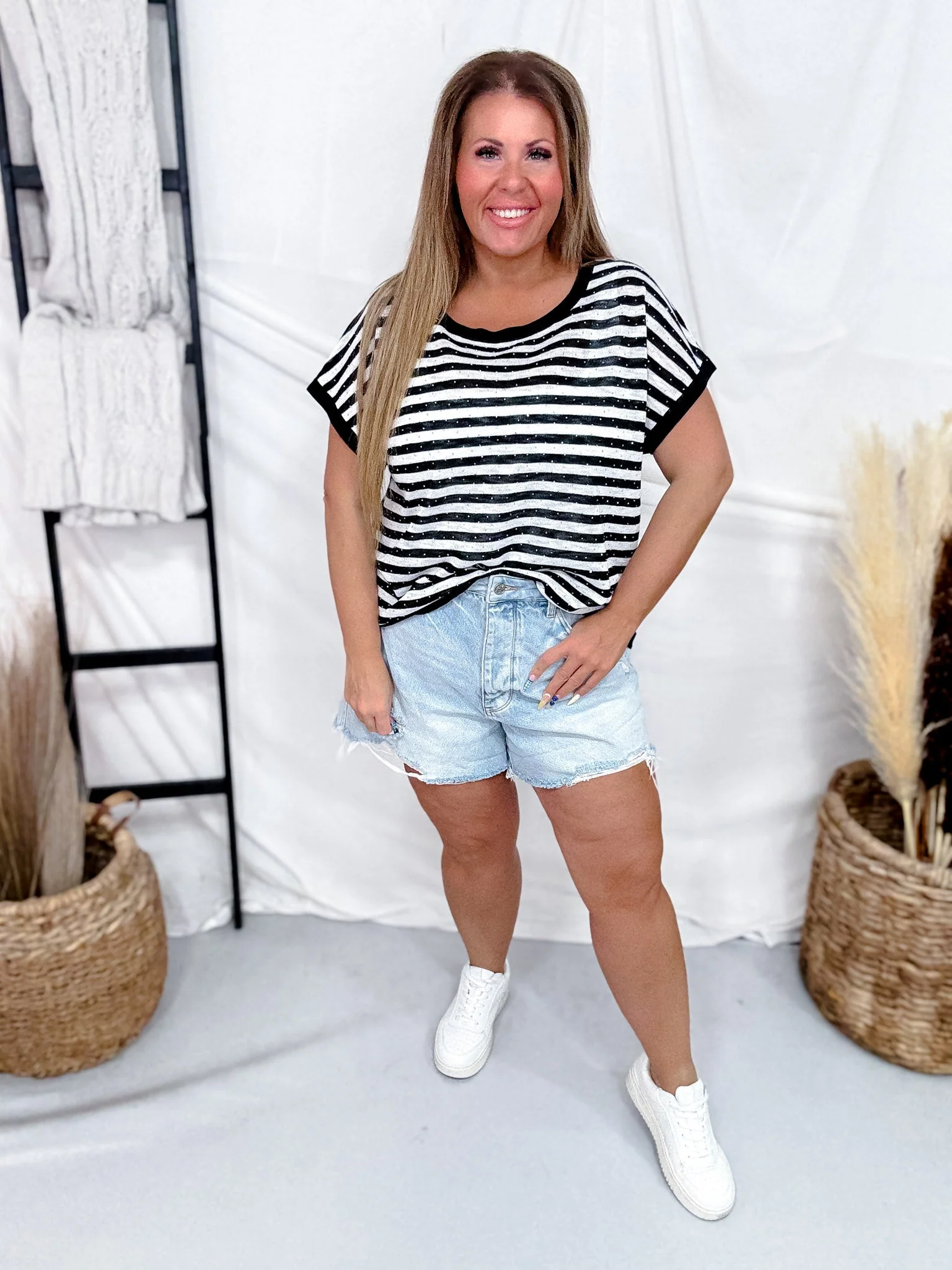 Black & White Striped Short Sleeve Top With Rhinestone Accents FINAL SALE - Image 5