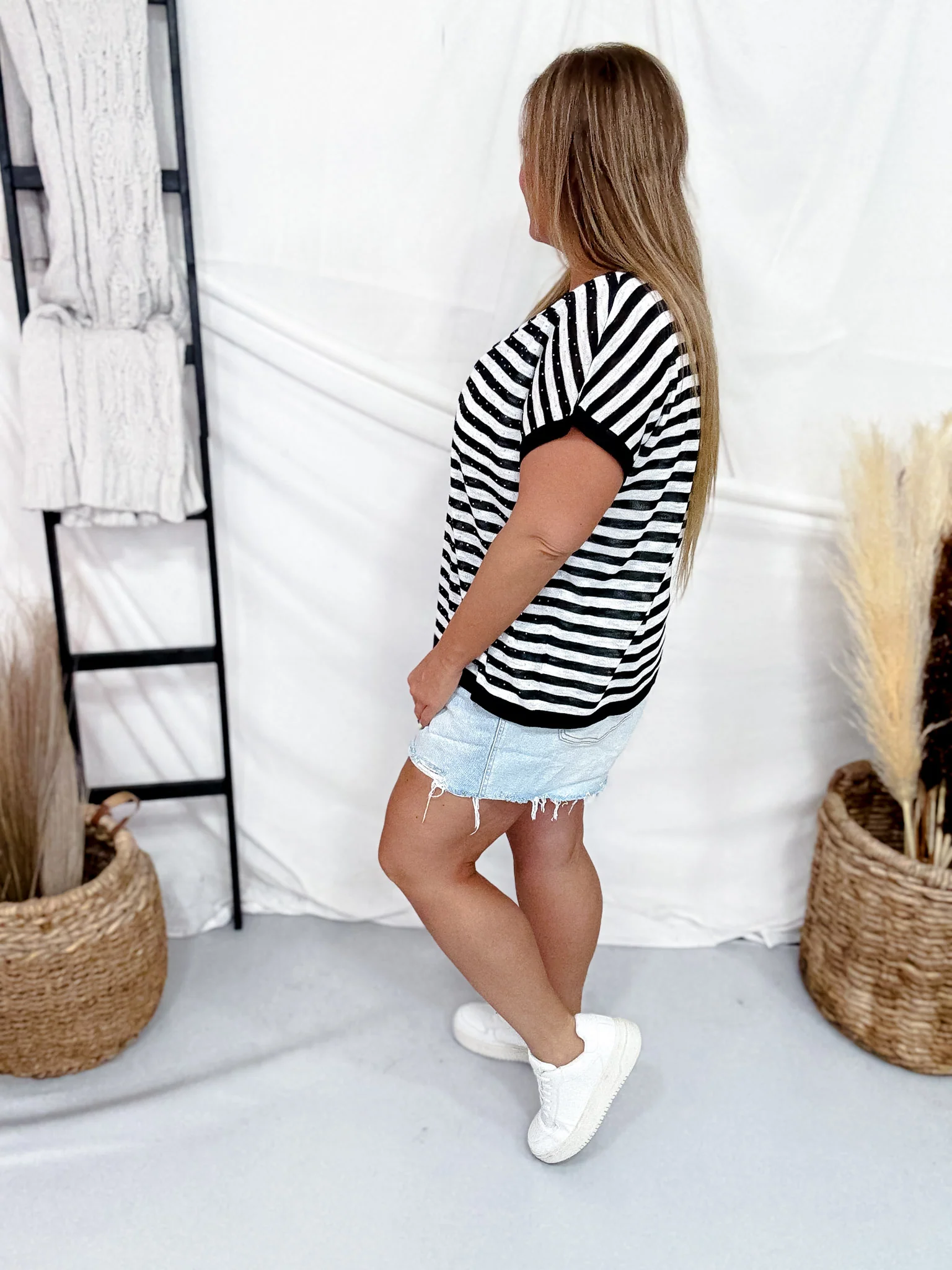 Black & White Striped Short Sleeve Top With Rhinestone Accents FINAL SALE - Image 6