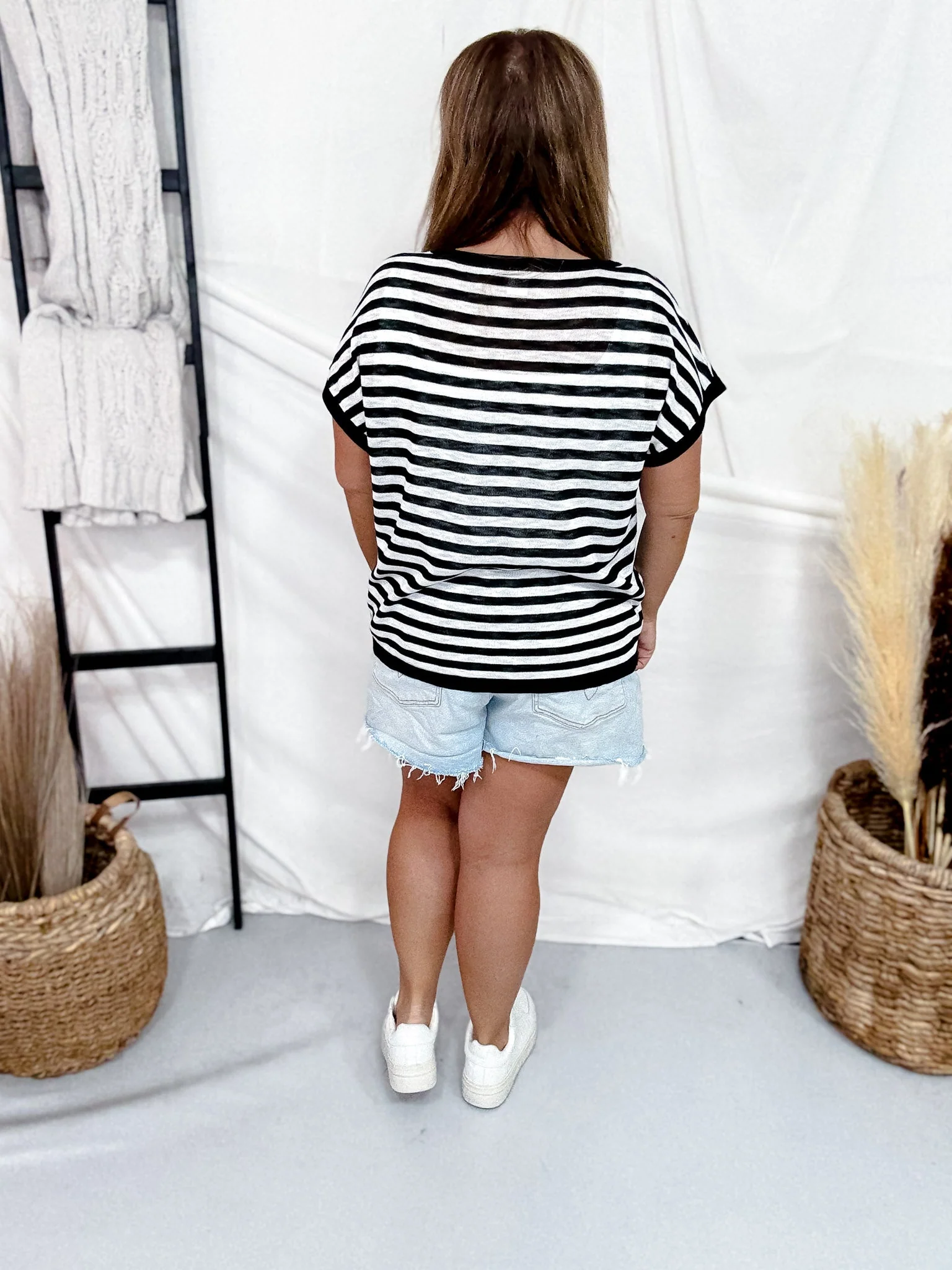 Black & White Striped Short Sleeve Top With Rhinestone Accents FINAL SALE - Image 7