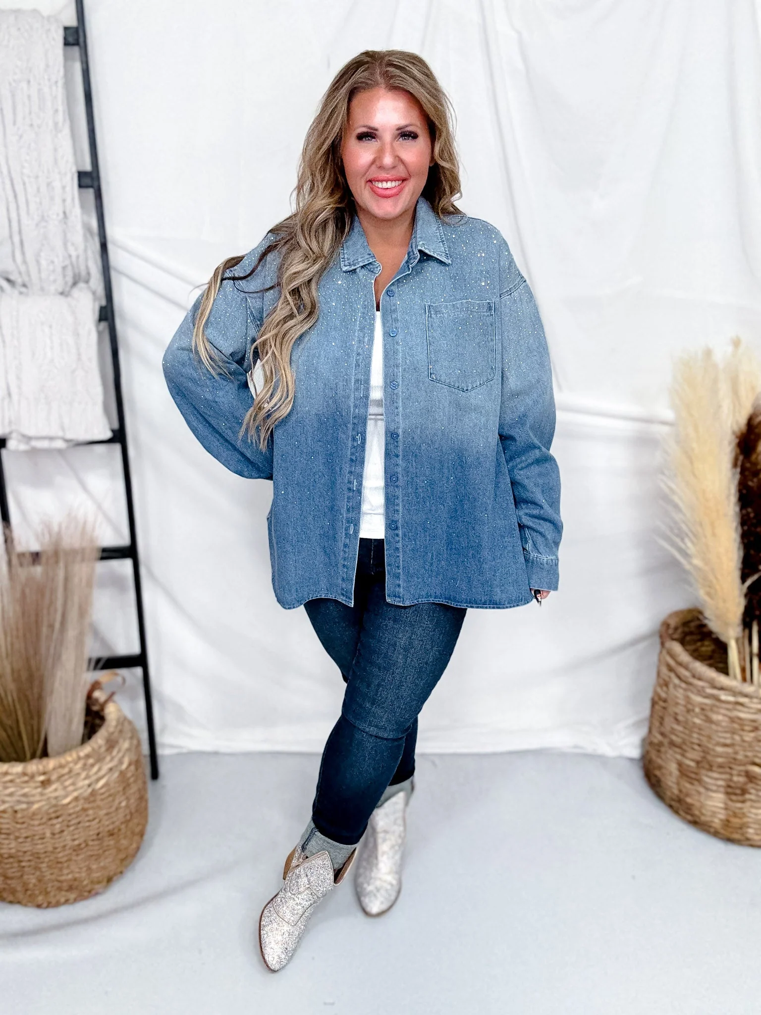 Blue Denim Long Sleeve Rhinestone Button Front Top FINAL SALE - Image 2