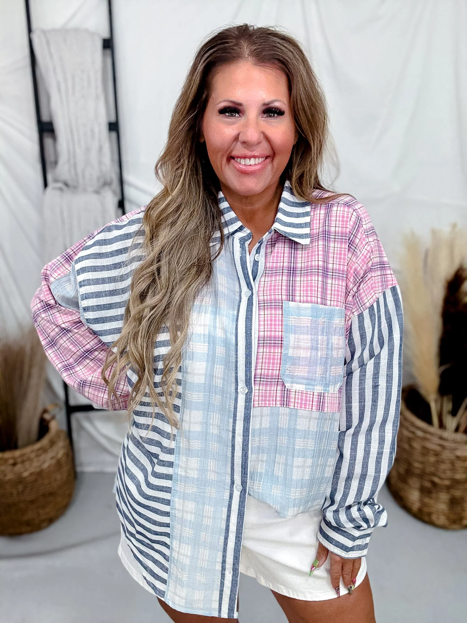 Blue & Pink Patchwork Patterned Button Down Shirt FINAL SALE - Image 5