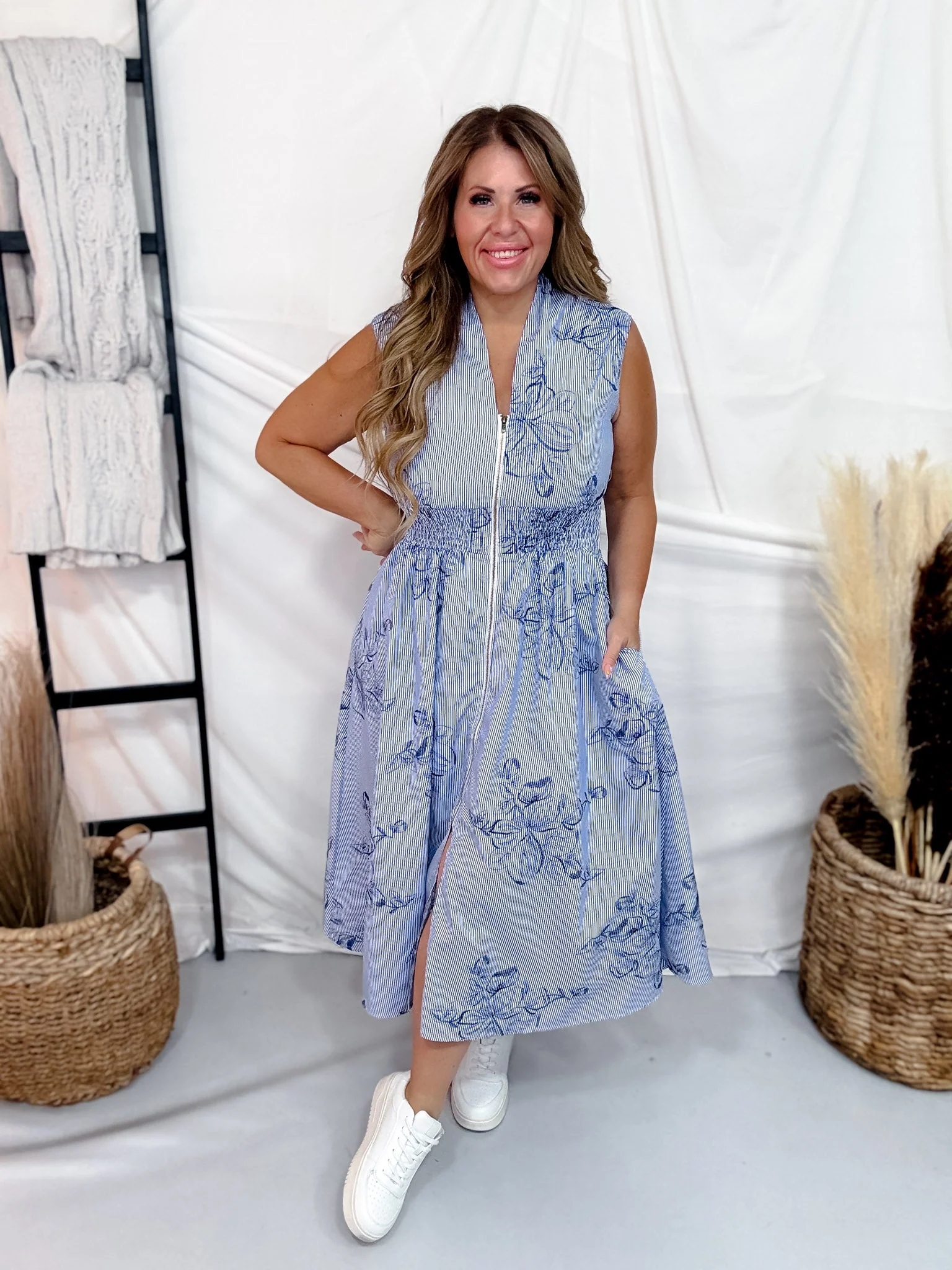 Blue & White Pinstriped Zipper Front Dress W/ Floral Embroidery - Image 5