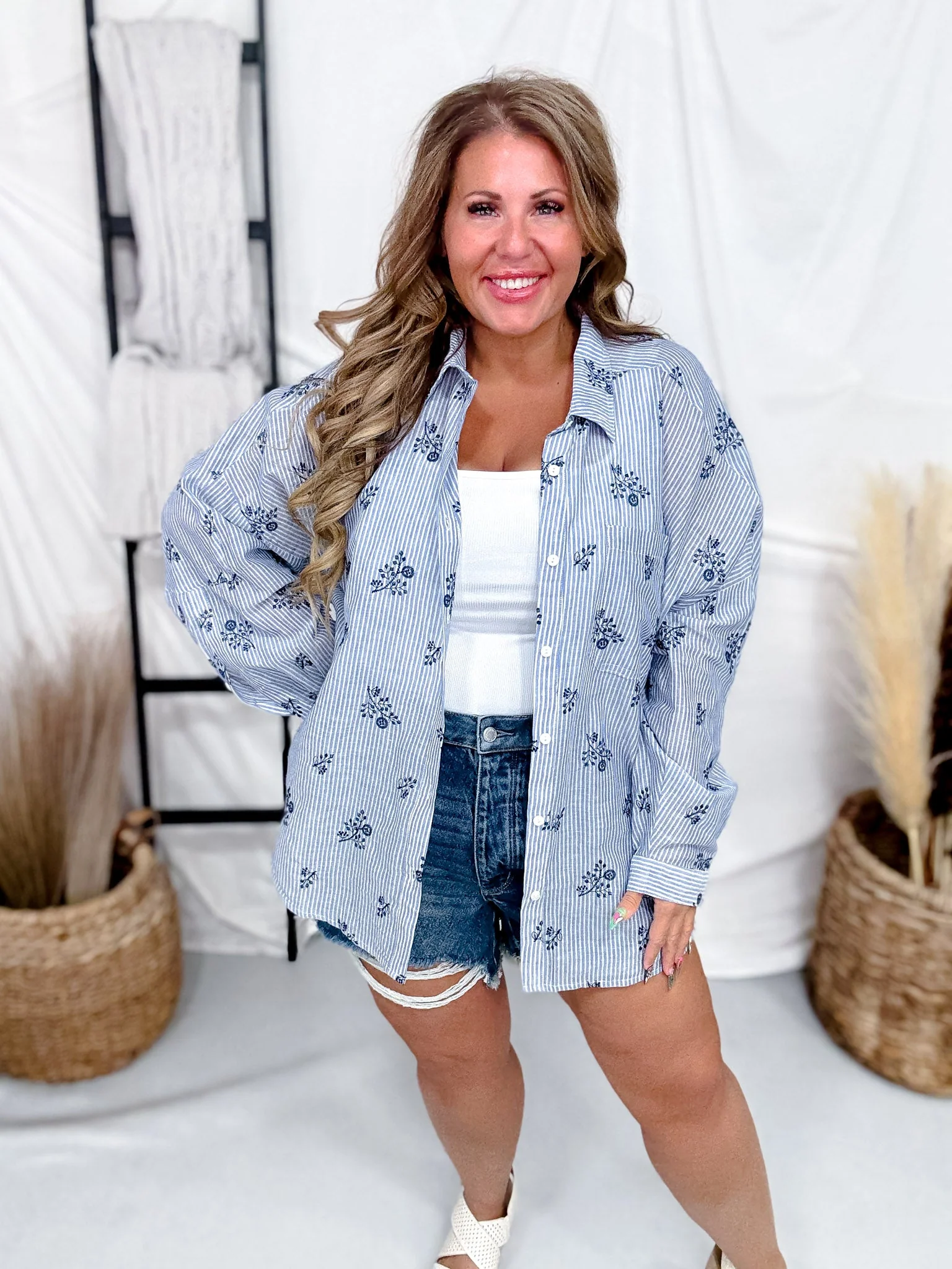 Blue & White Striped Blouse With Embroidered Flowers FINAL SALE - Image 5