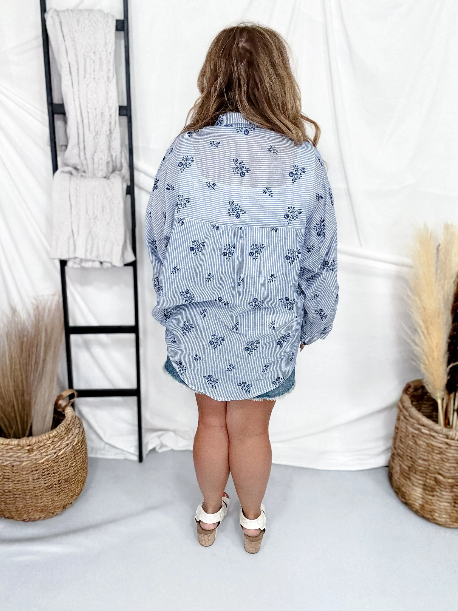 Blue & White Striped Blouse With Embroidered Flowers FINAL SALE - Image 9