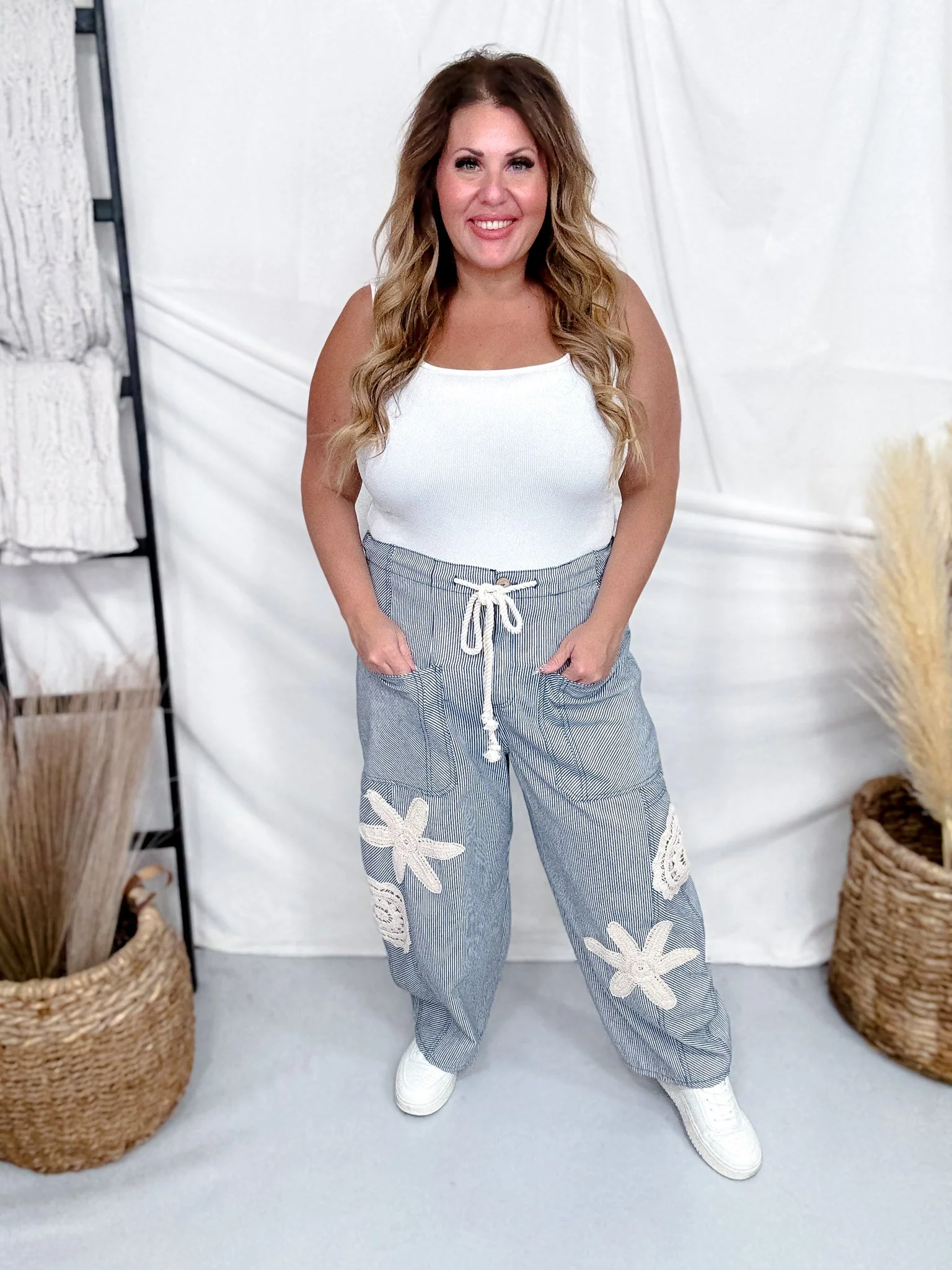 Blue & White Striped Drawstring Pants With Crochet Appliques - Image 2