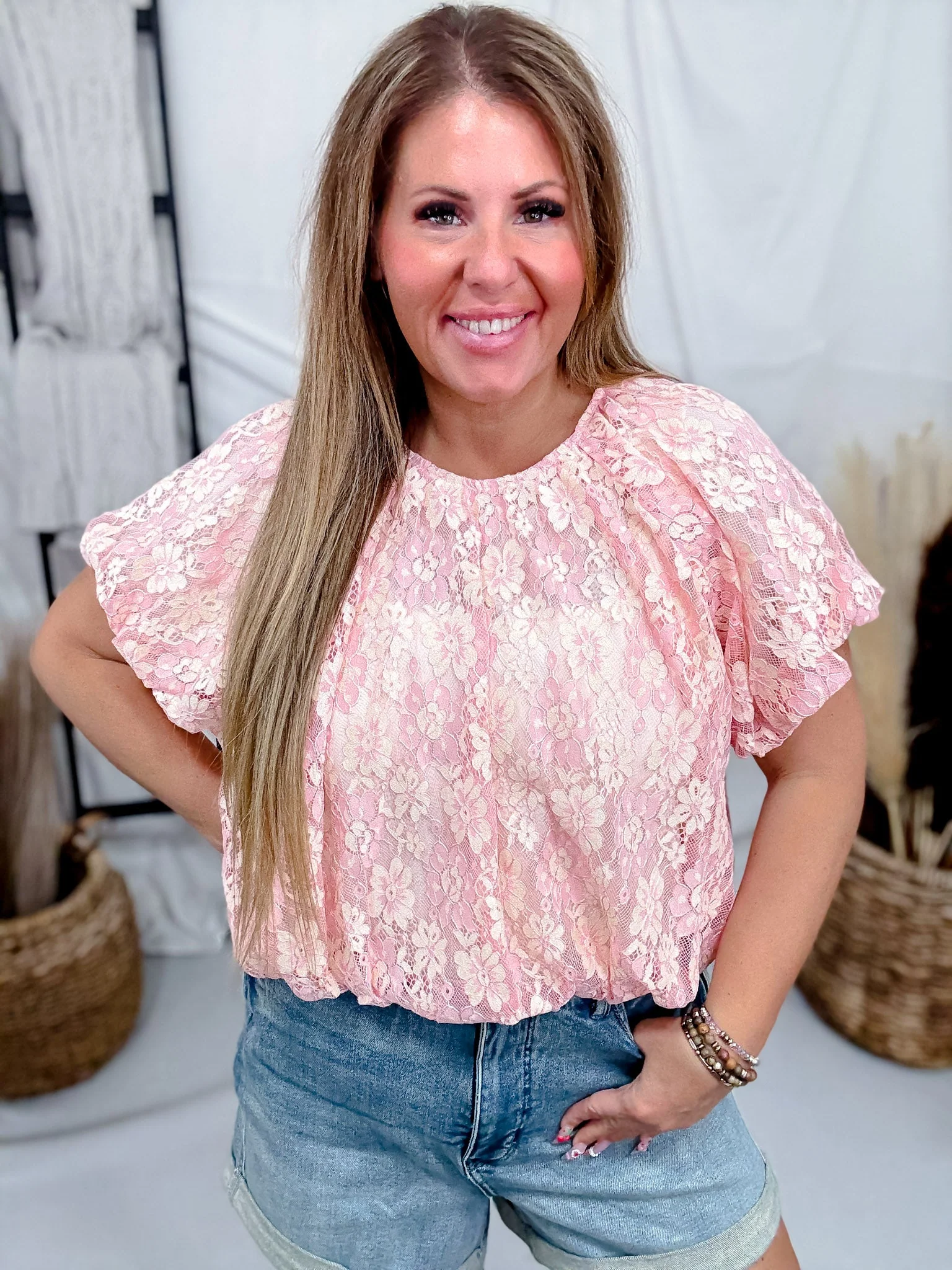 Blush Floral Lace Top With Bubble Hems & Shirred Neckline FINAL SALE - Image 4
