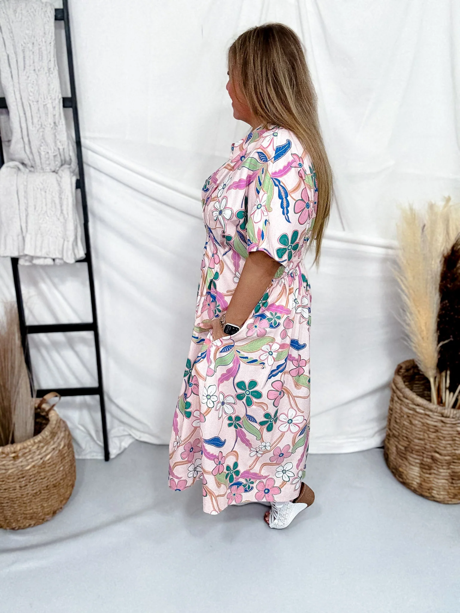 Blush Floral Print Poplin Midi Dress With Pintuck Waist FINAL SALE - Image 6
