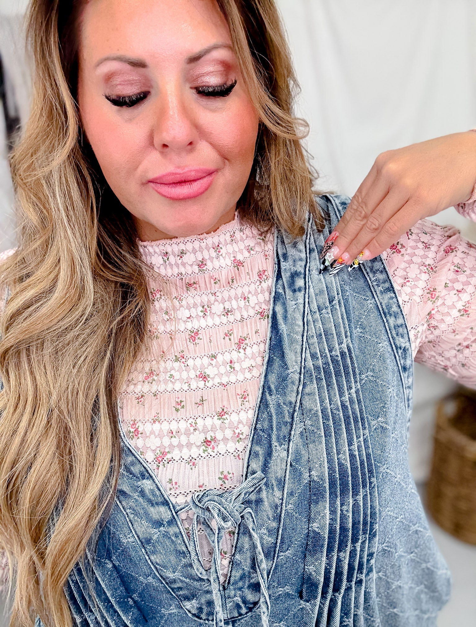 Bow Texture Denim Pintuck Jumpsuit W/ Side Pockets FINAL SALE - Image 2