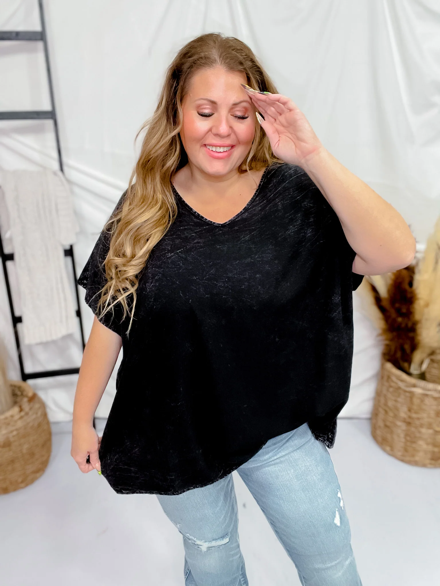 Boxy V-Neck Short Sleeve Black Top FINAL SALE - Image 7