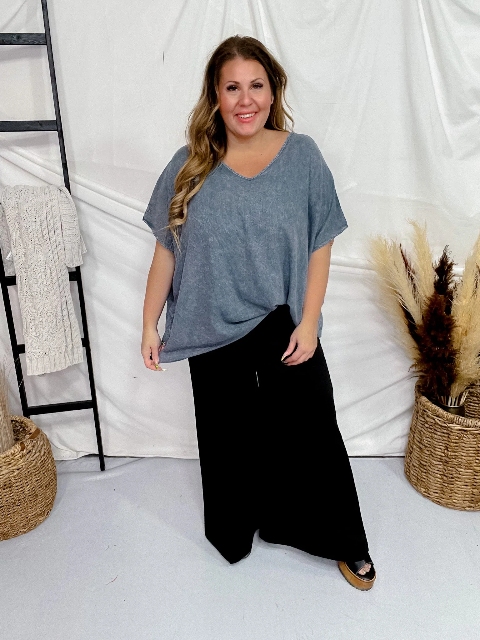Boxy V-Neck Short Sleeve Denim Colored Top FINAL SALE - Image 6