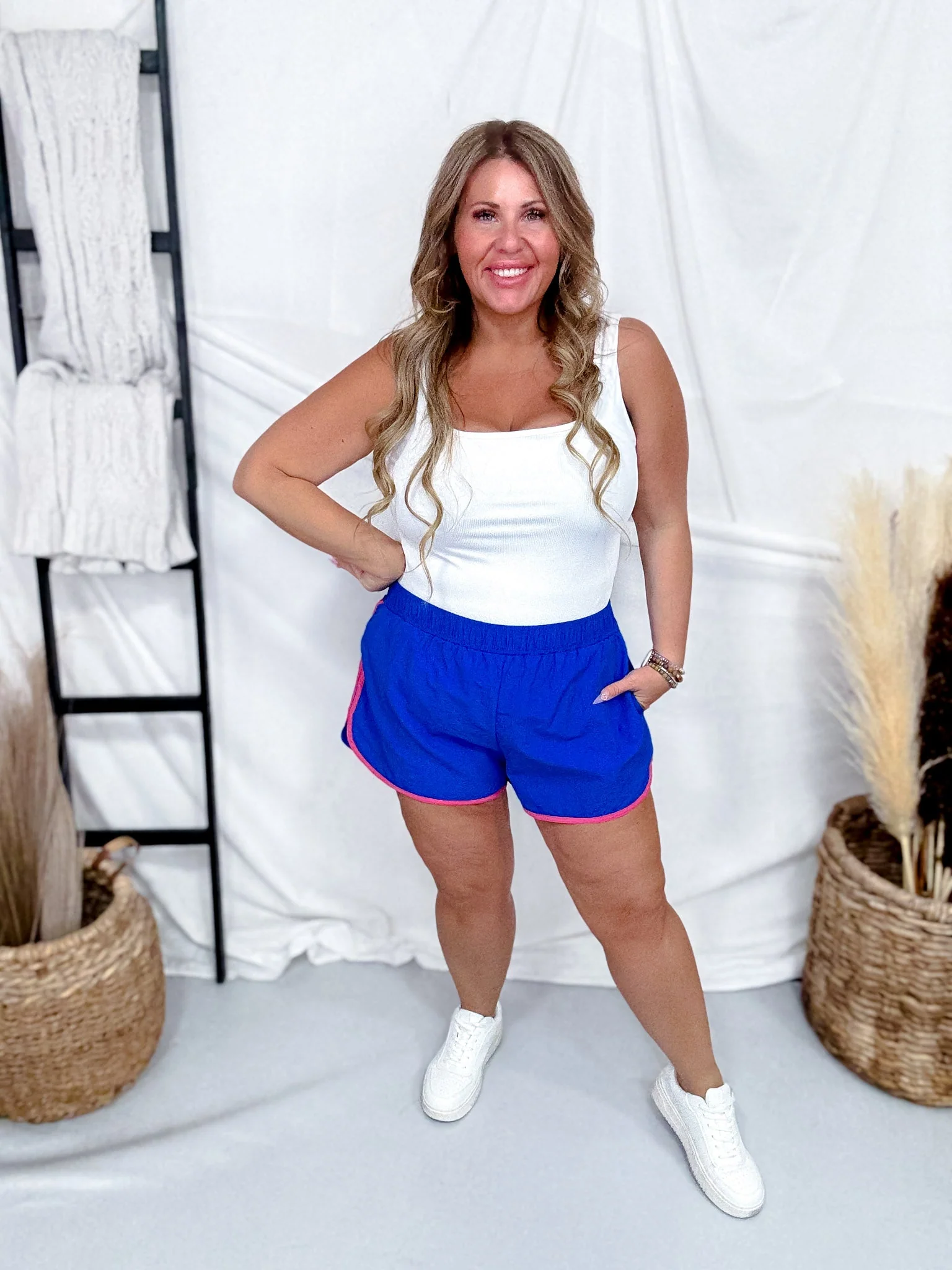 Bright Blue Elastic Waist Shorts With Pink Piping FINAL SALE - Image 2