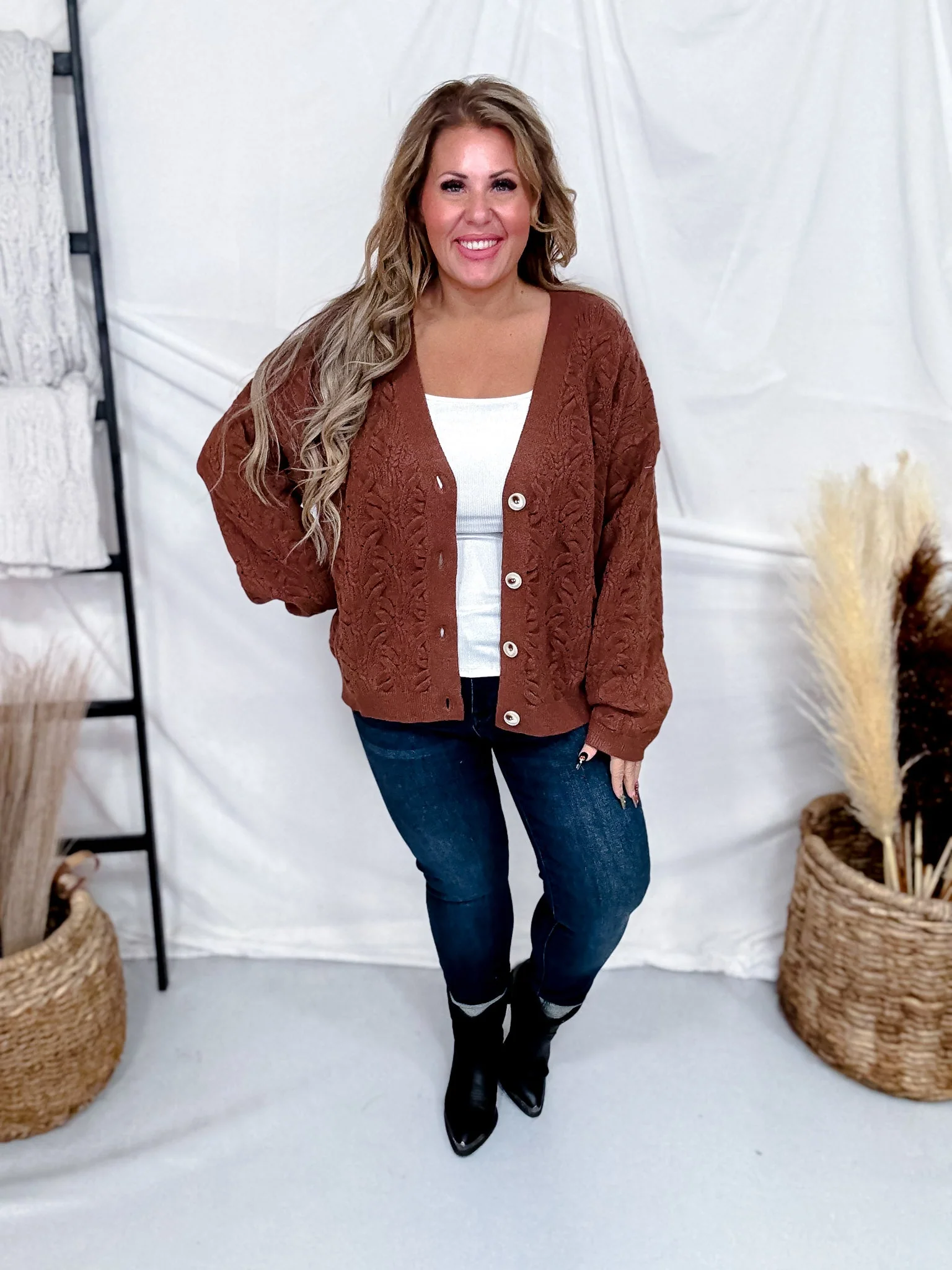 Brown Button Front Cable Knit Cardigan - Image 2