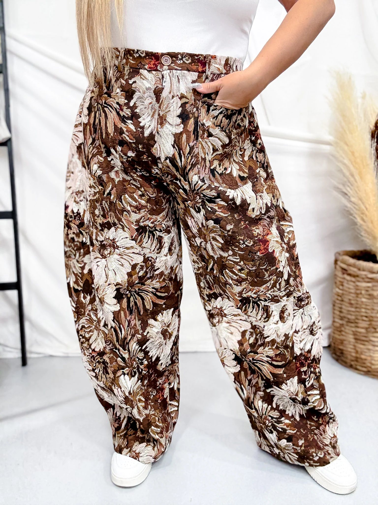 Brown Floral Barrel Leg Pants
