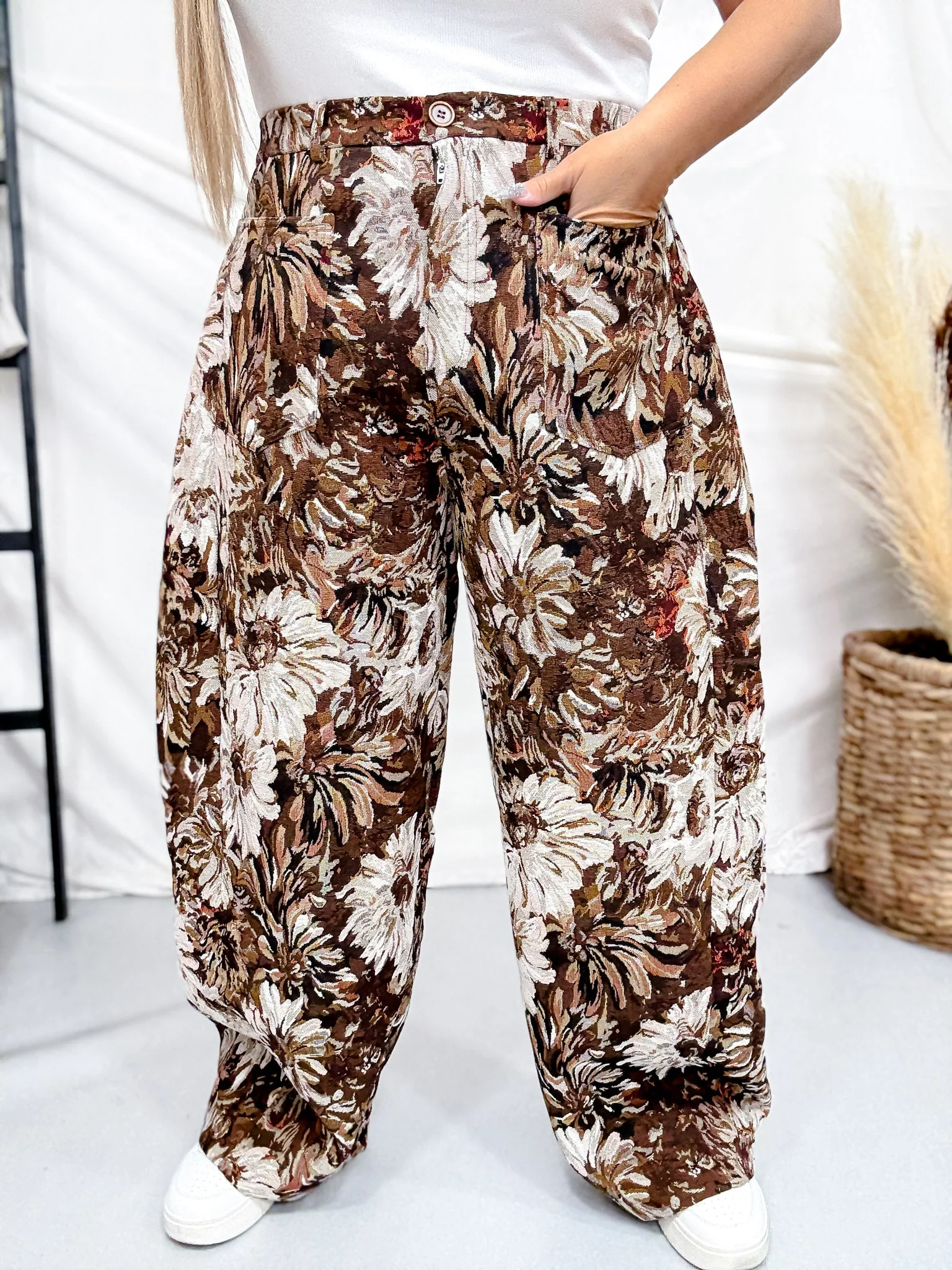 Brown Floral Barrel Leg Pants - Image 8