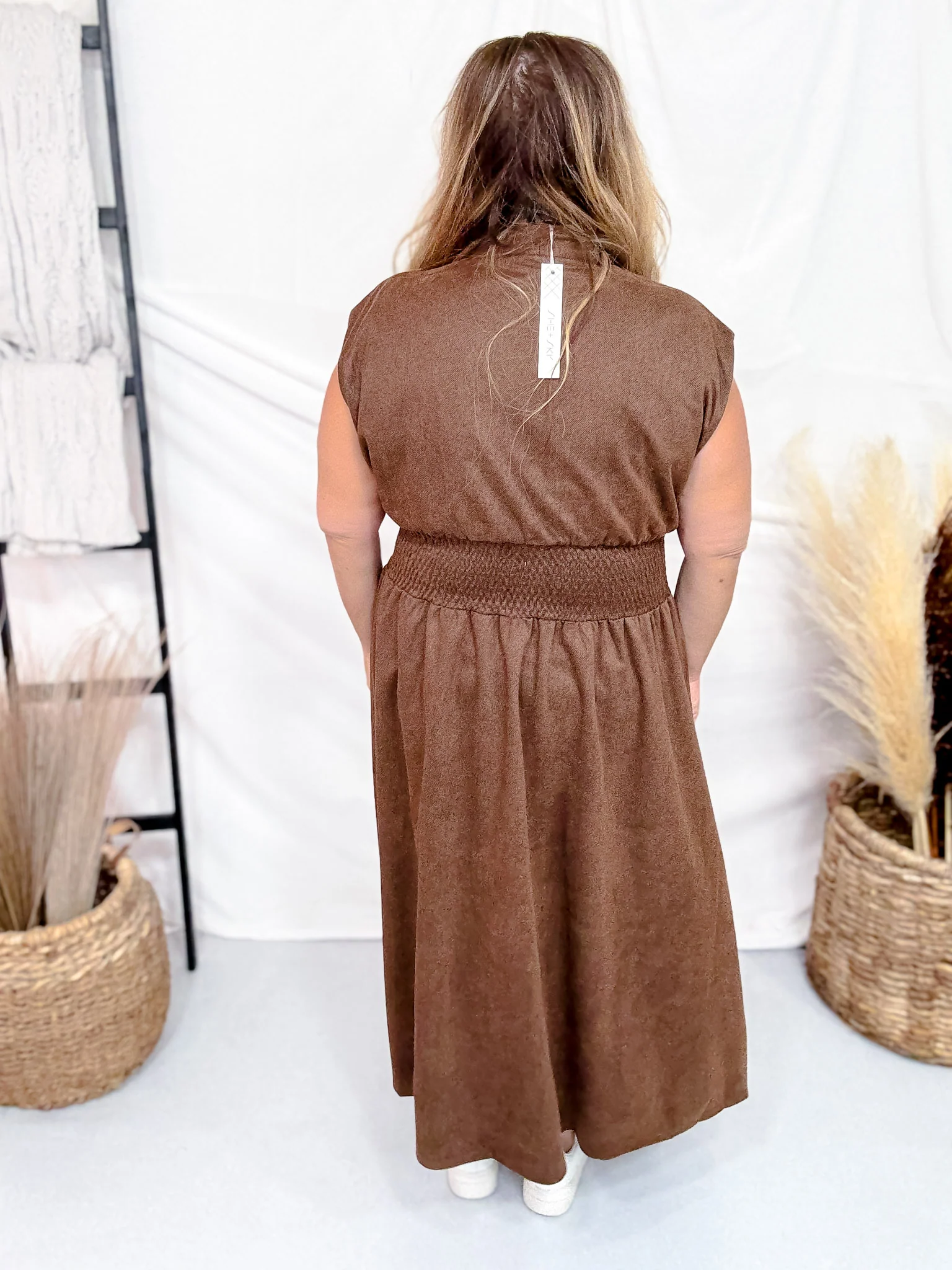 Brown Smocked Waist Twill Suede Shirt Dress FINAL SALE - Image 5