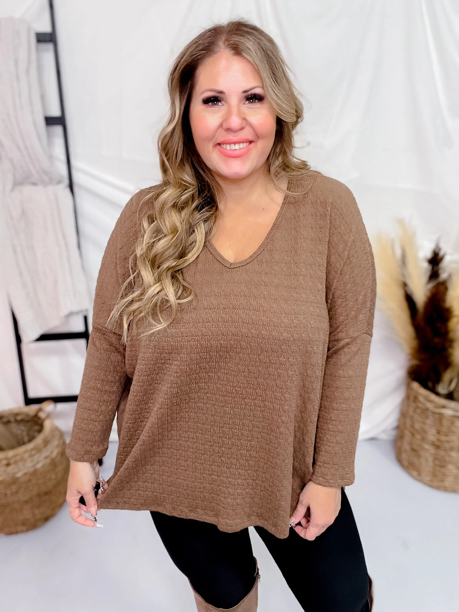 Brown Textured Long Sleeve Keyhole Sweater FINAL SALE