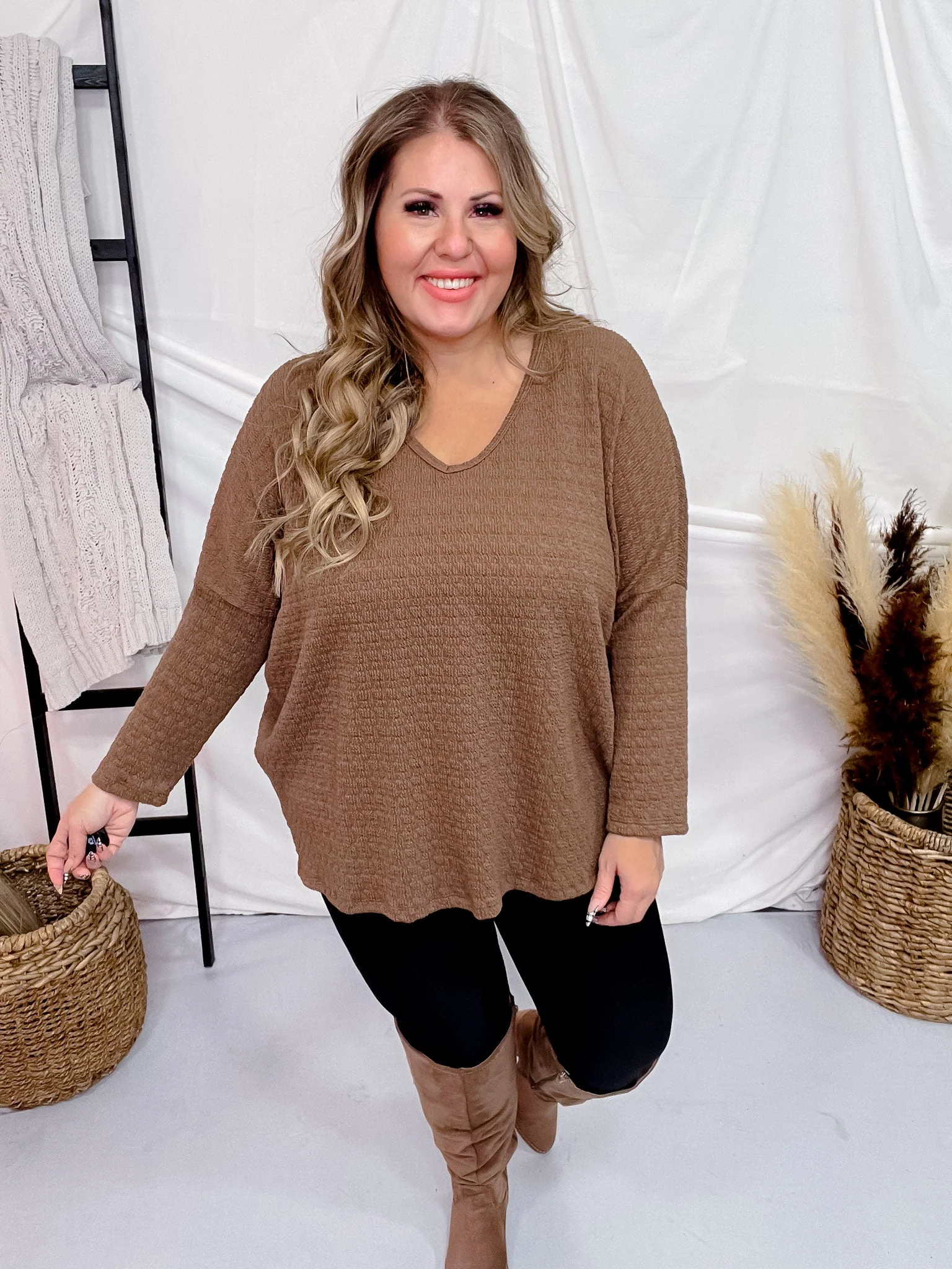 Brown Textured Long Sleeve Keyhole Sweater FINAL SALE - Image 8