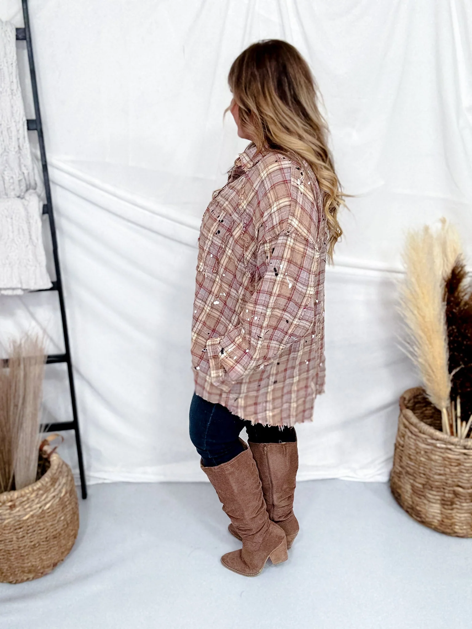 Brown & Wine Combo Paint Splatter Plaid Button Down Top - Image 6