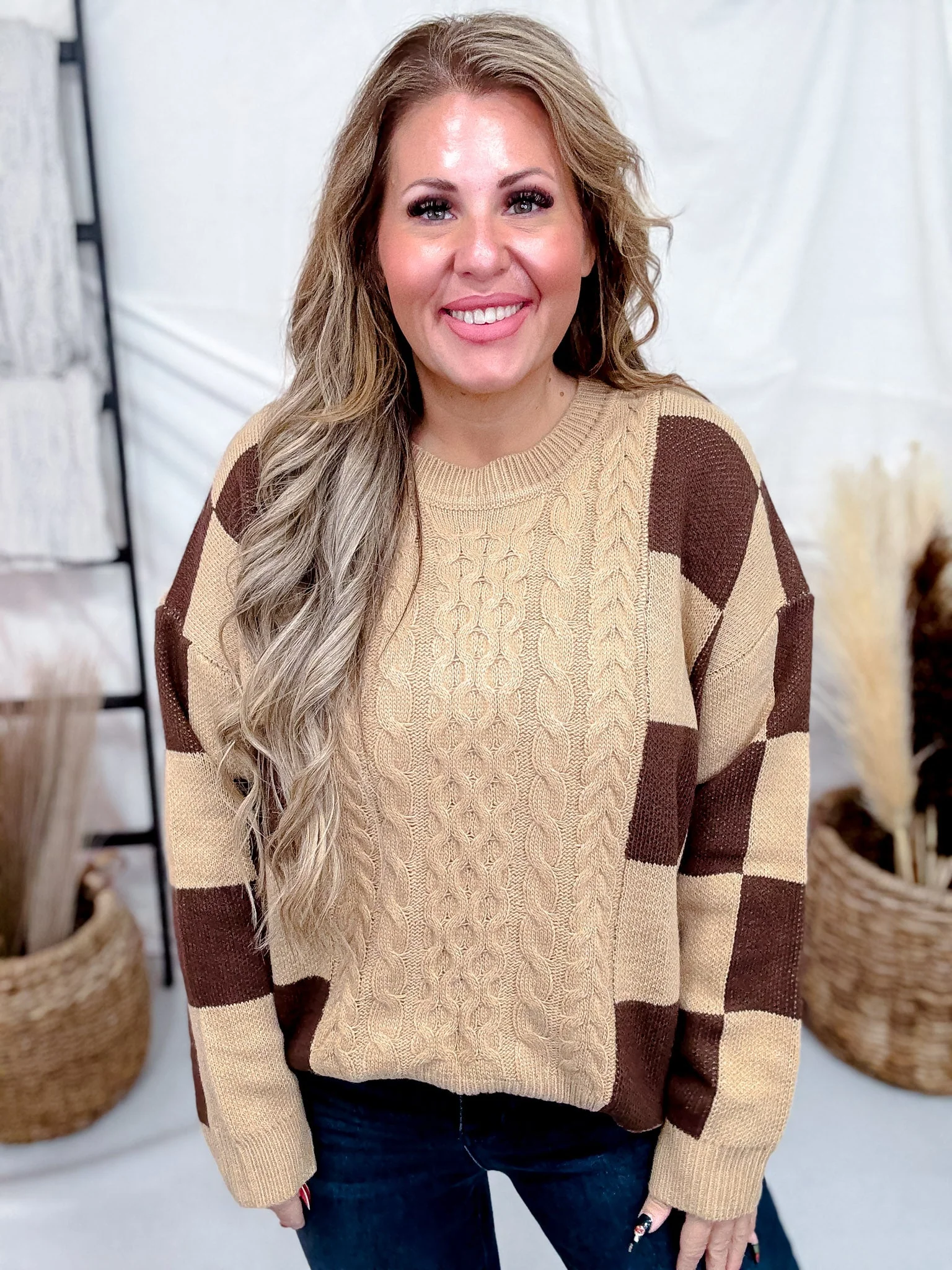 Cable Knit Sweater With Mocha Latte Checkerboard Pattern FINAL SALE - Image 4