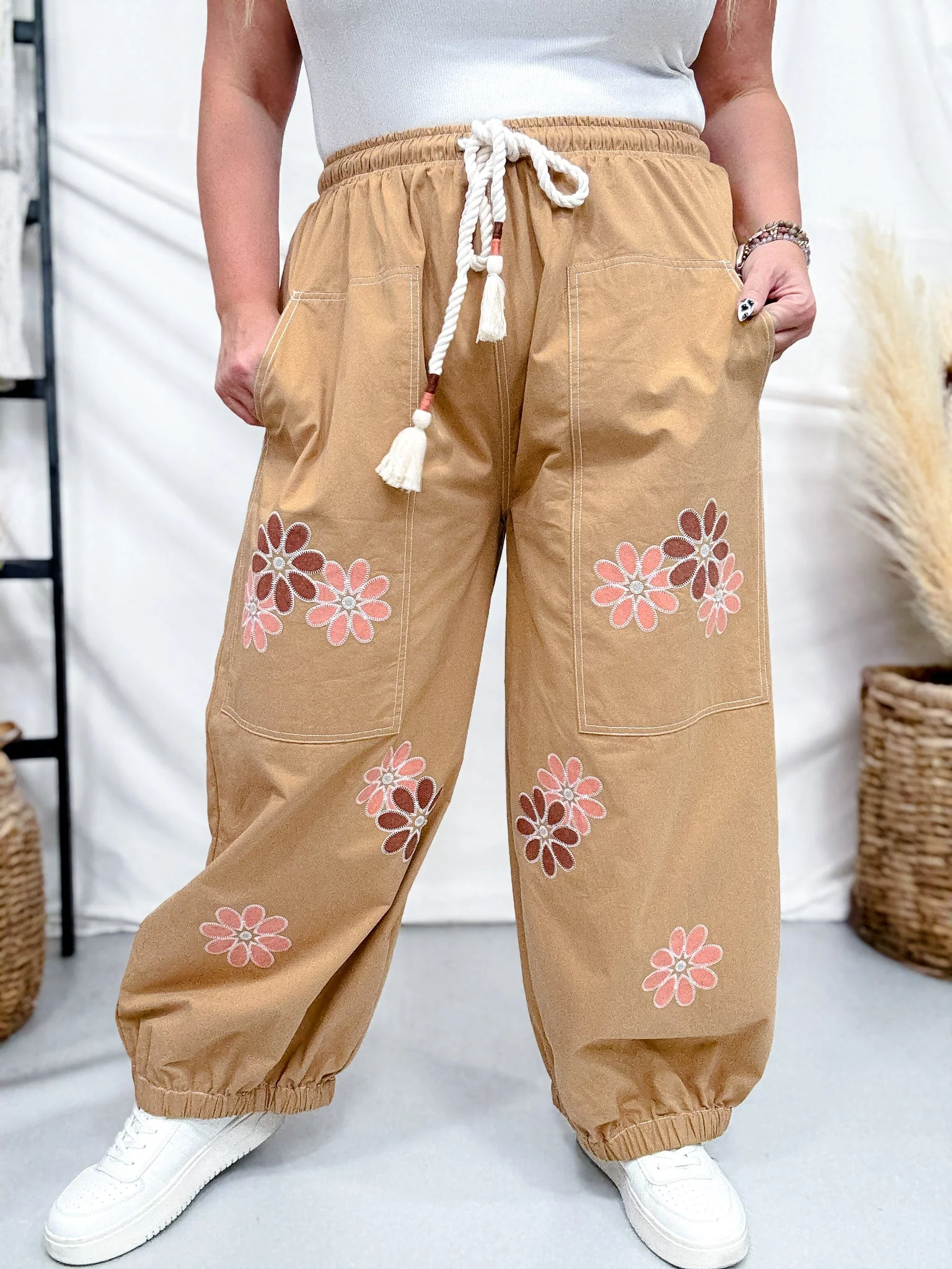 Camel Brown Drawstring Waist Pants With Floral Appliques