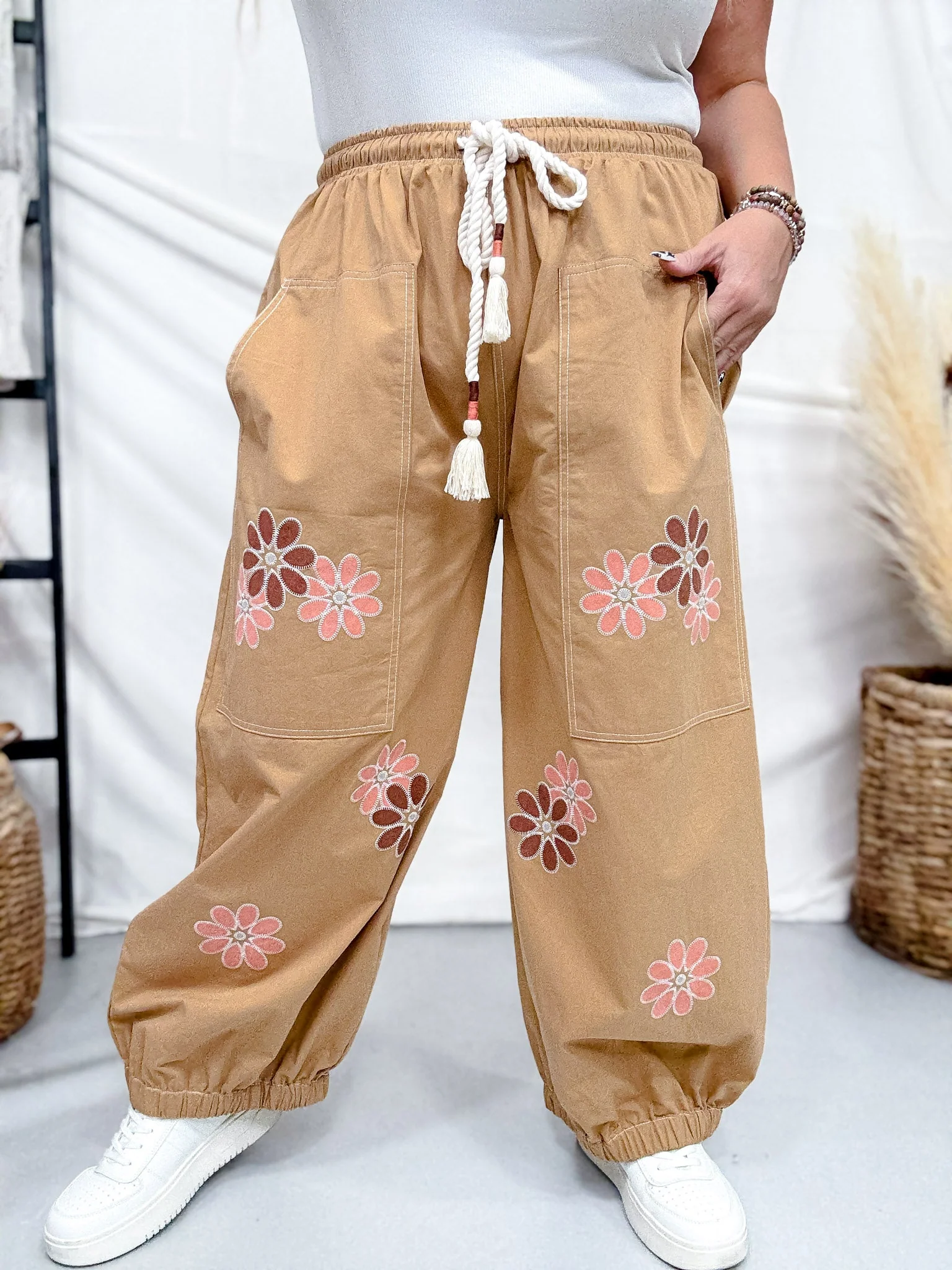 Camel Brown Drawstring Waist Pants With Floral Appliques - Image 4