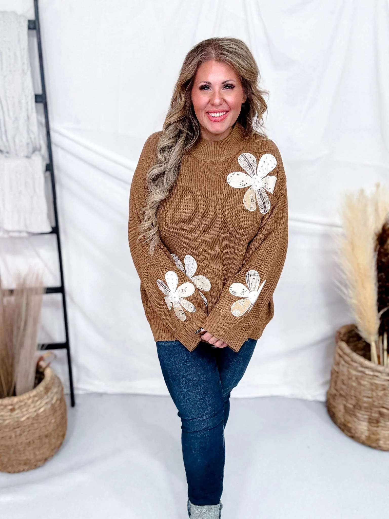Camel Brown Sweater With Patchwork Flowers FINAL SALE - Image 8