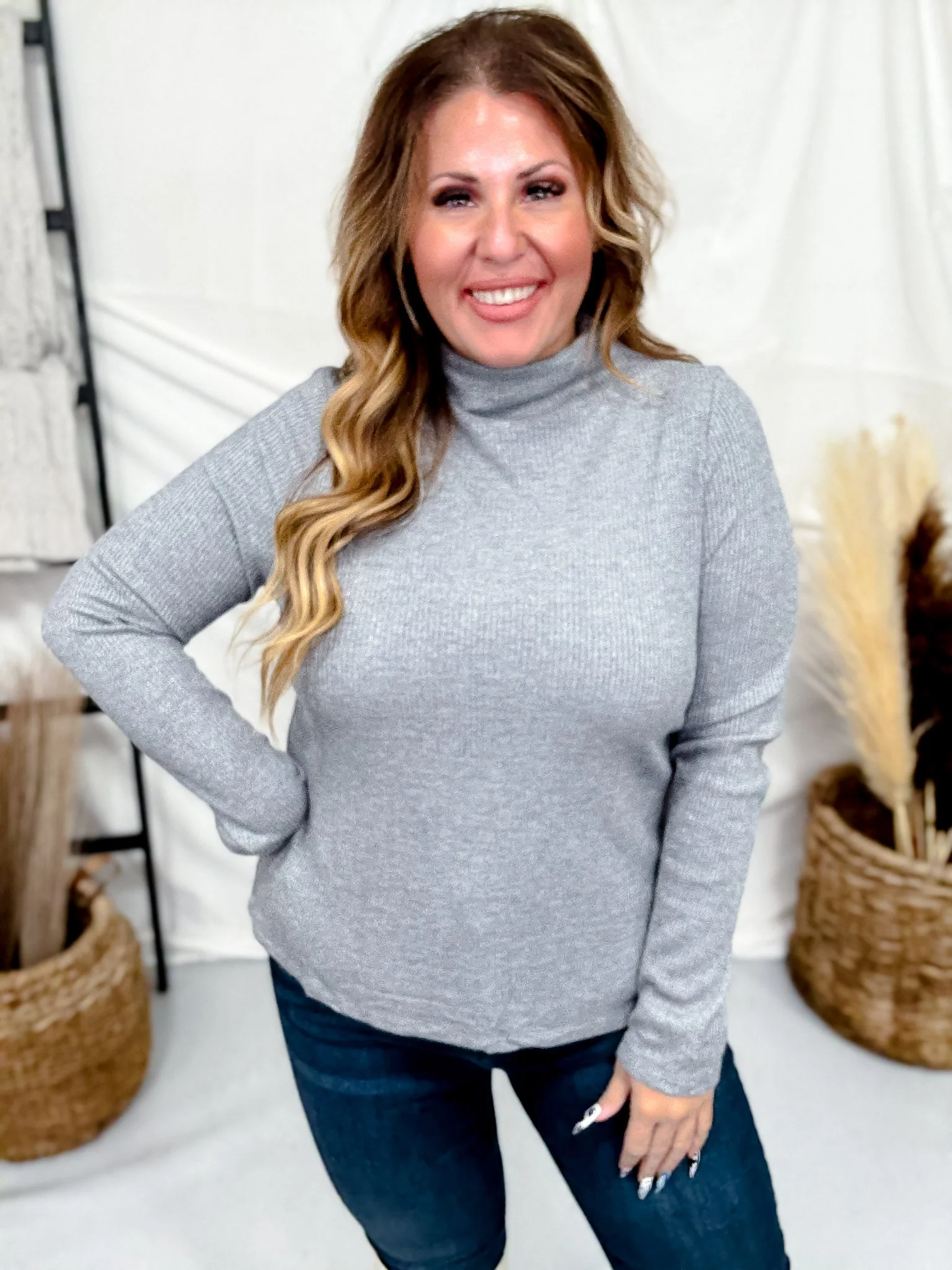 Charcoal Shimmer Mock Neck Sweater With Long Sleeves FINAL SALE