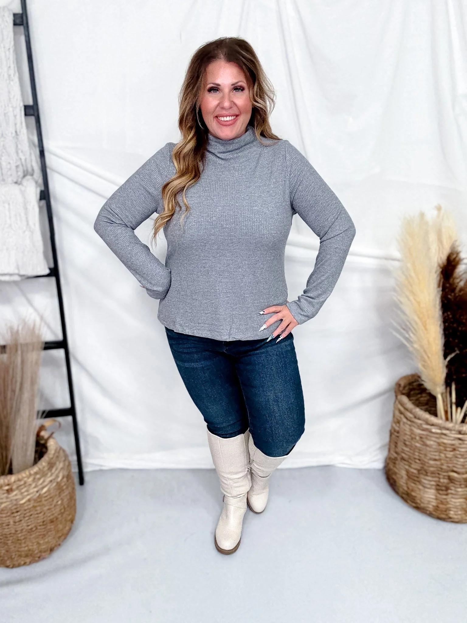 Charcoal Shimmer Mock Neck Sweater With Long Sleeves FINAL SALE - Image 2