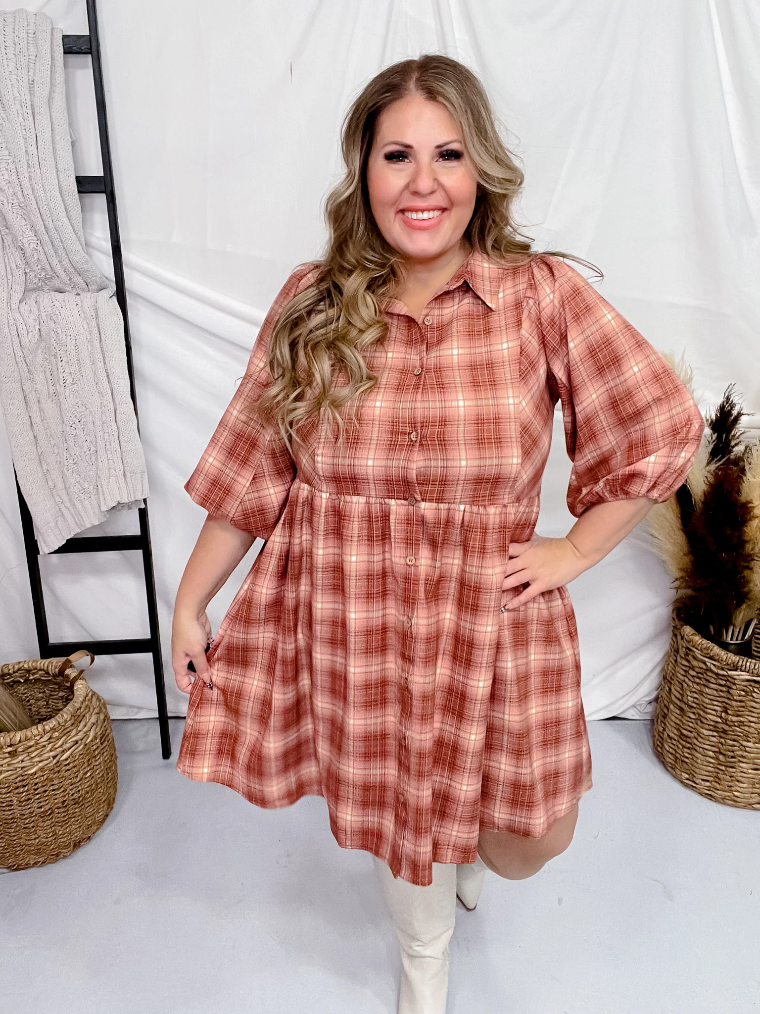 Checkered Button Down Mauve Plaid Mini Dress FINAL SALE - Image 5