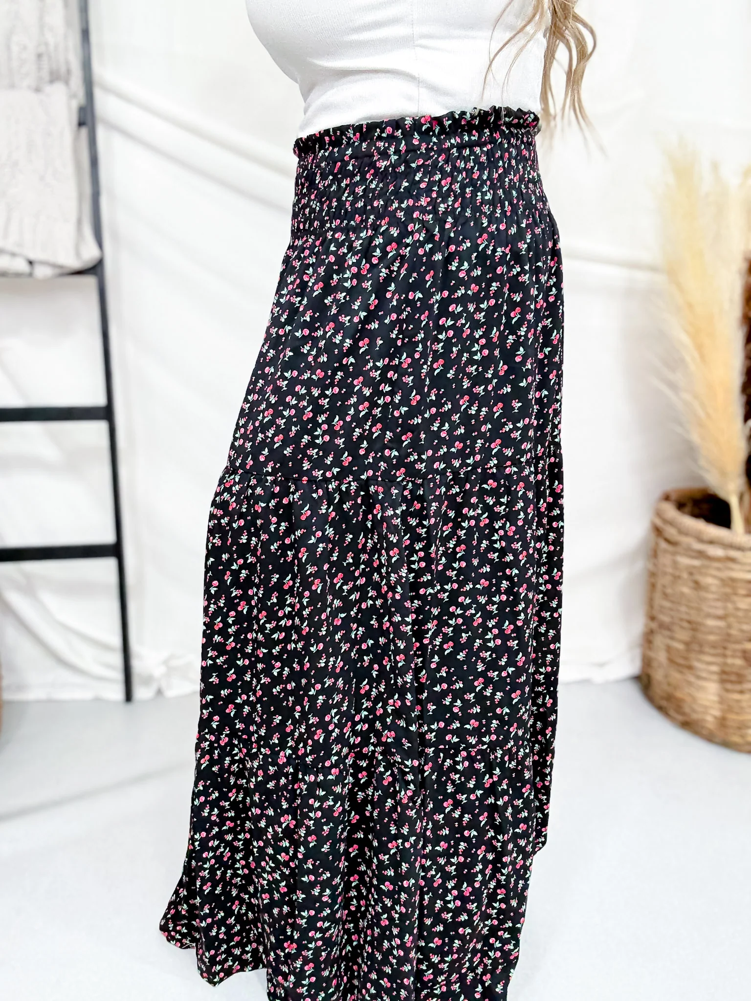 Cherry Punch Black Tiered Maxi Skirt With Smocked Waist - Image 6