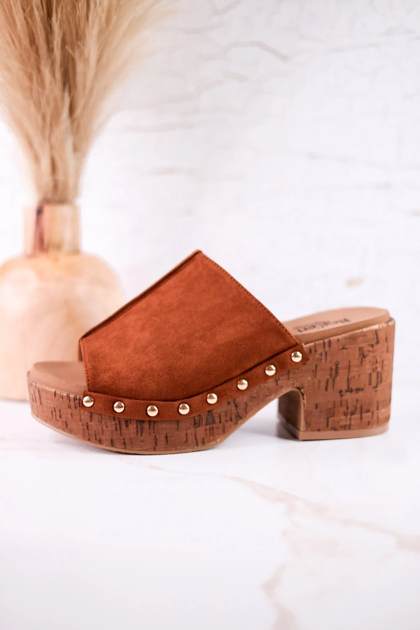 Chestnut Brown Faux Suede Platform Wedges With Studs - Image 3