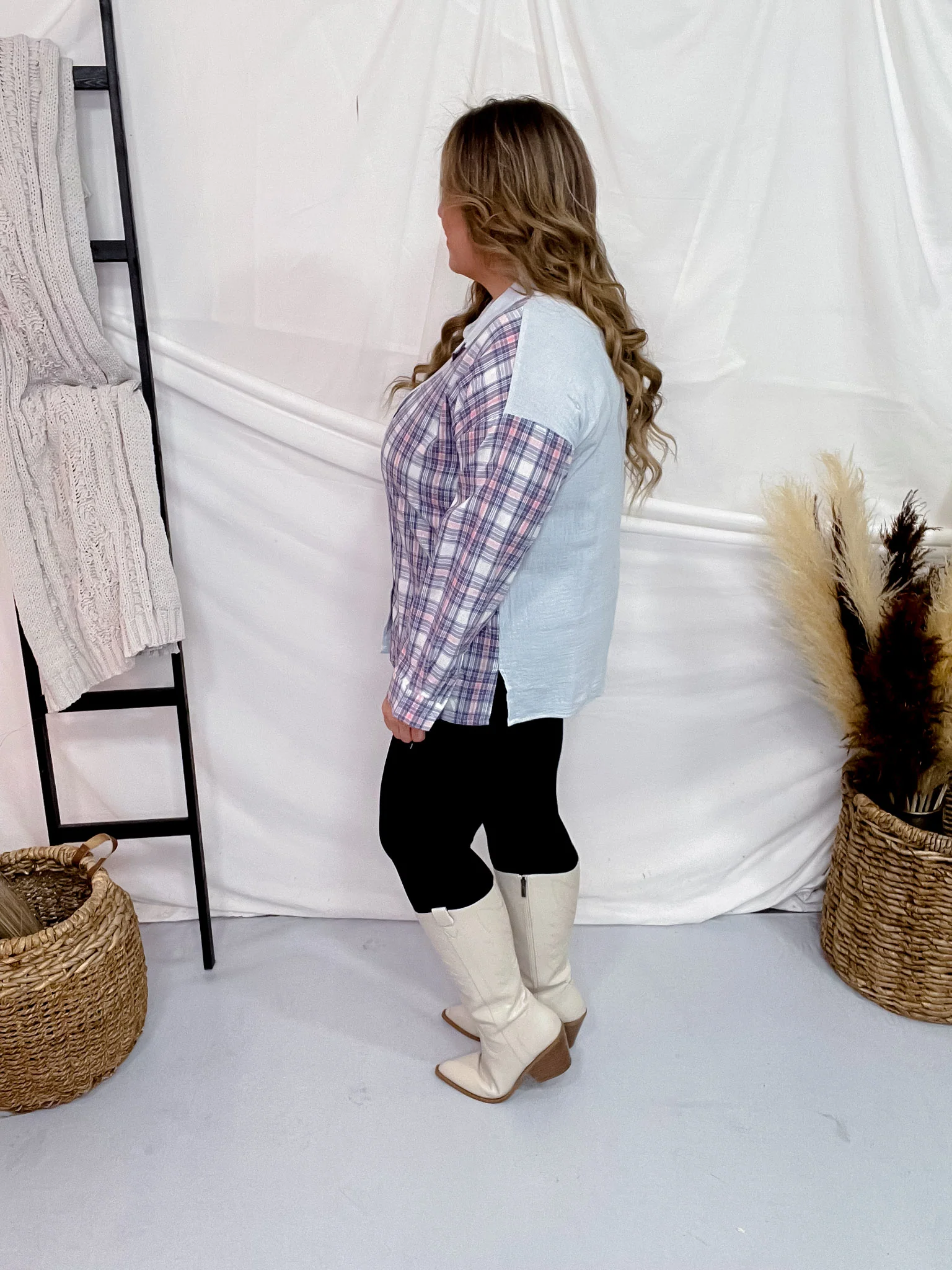 Color Block Plaid & Solid Long Sleeve Button Down Top FINAL SALE - Image 4