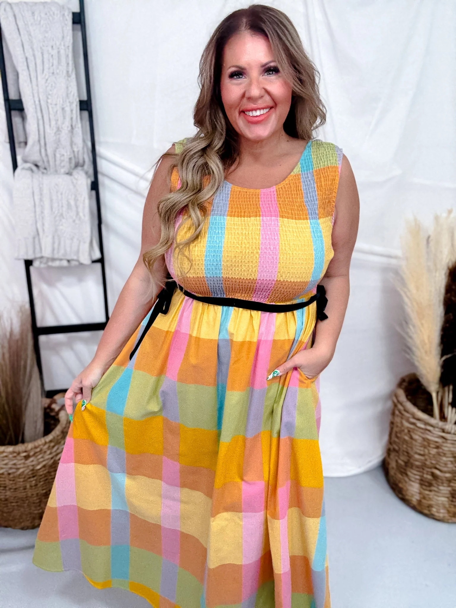 Colorful Checkered Midi Dress with Smocked Bodice FINAL SALE