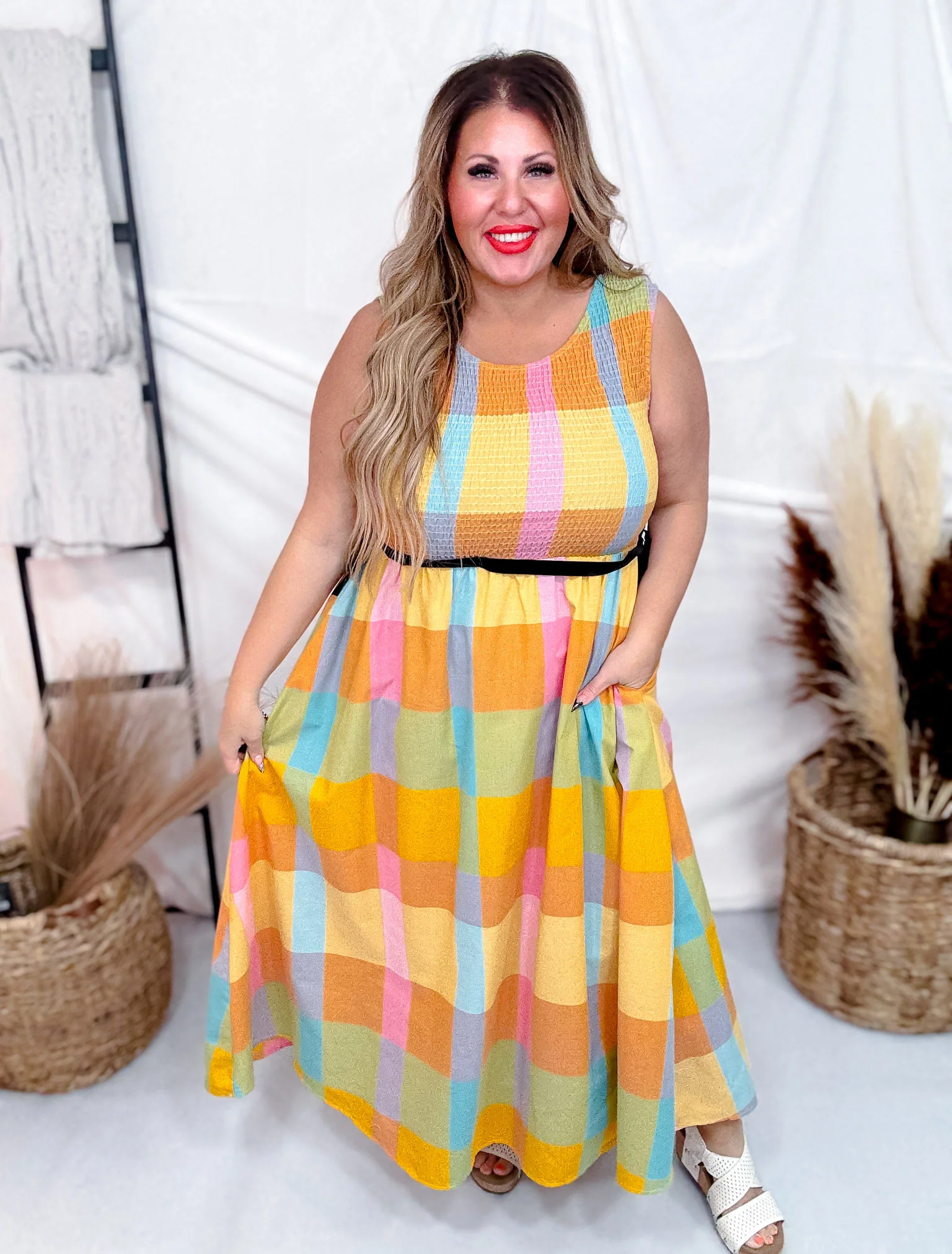 Colorful Checkered Midi Dress with Smocked Bodice FINAL SALE - Image 14