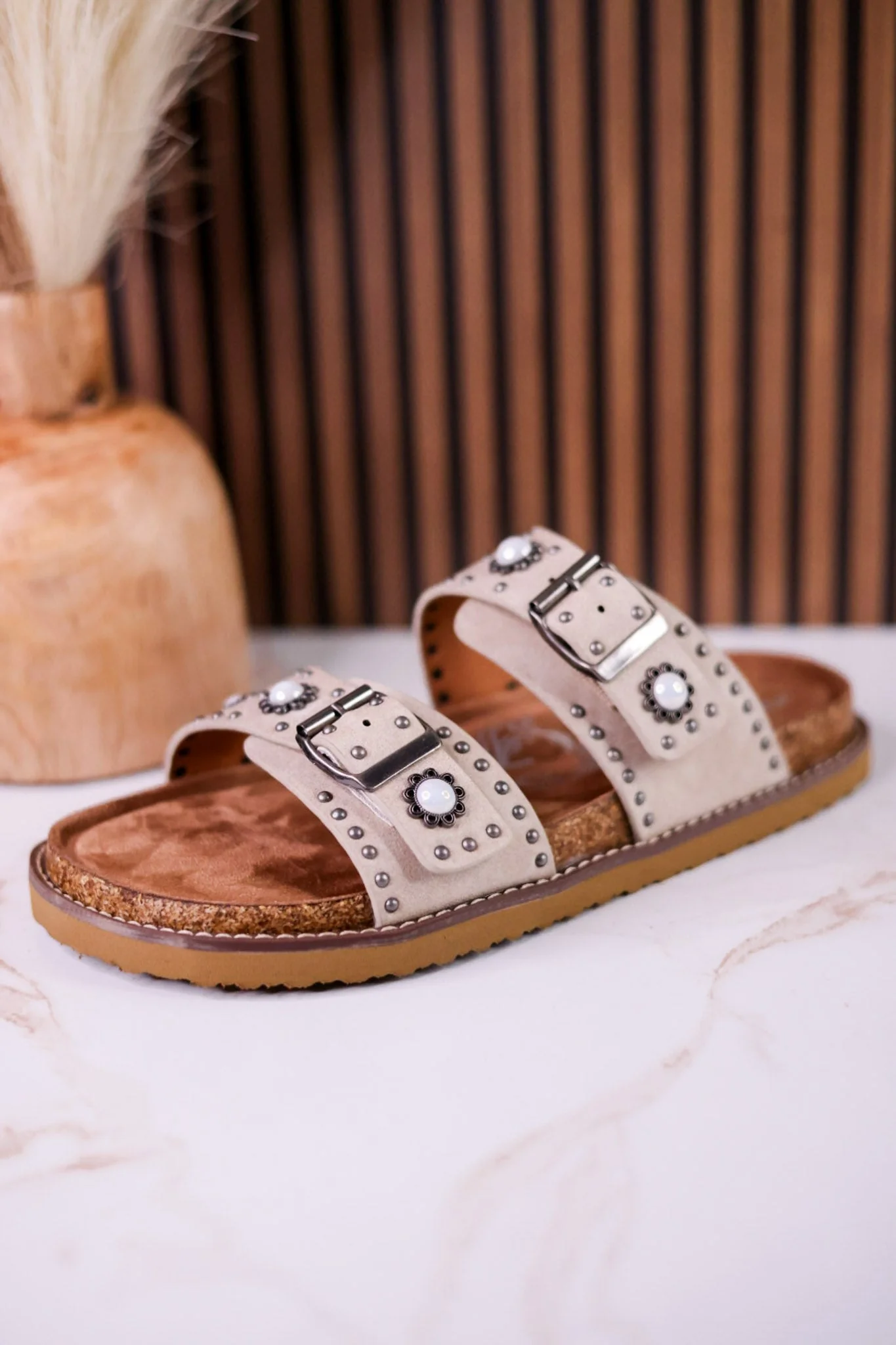 "Connie" Sandals With Studs & Flower Accents In Cream FINAL SALE - Image 10