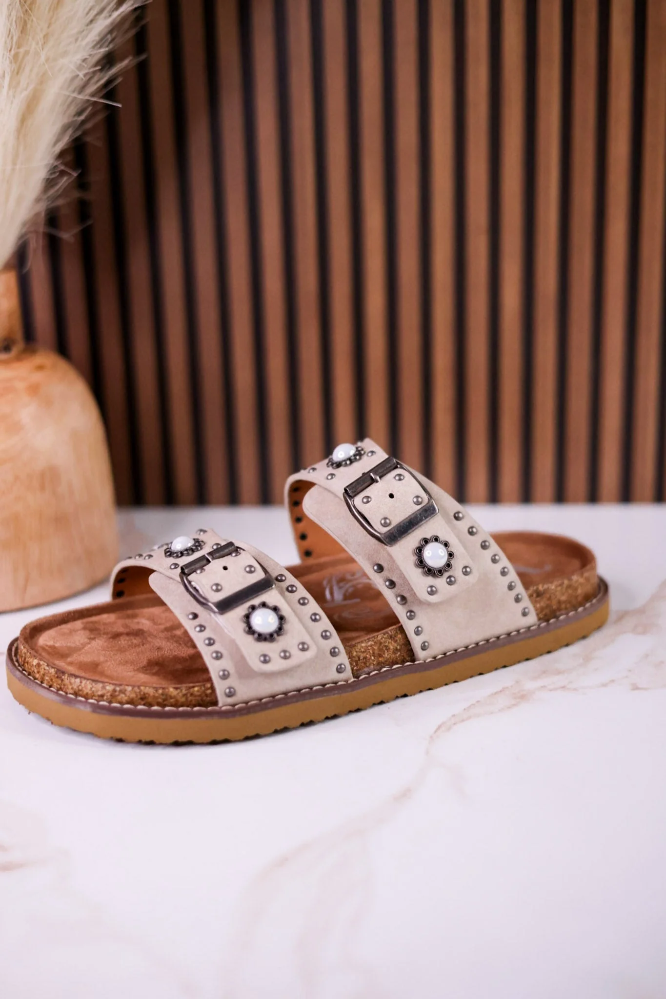 "Connie" Sandals With Studs & Flower Accents In Cream FINAL SALE - Image 5