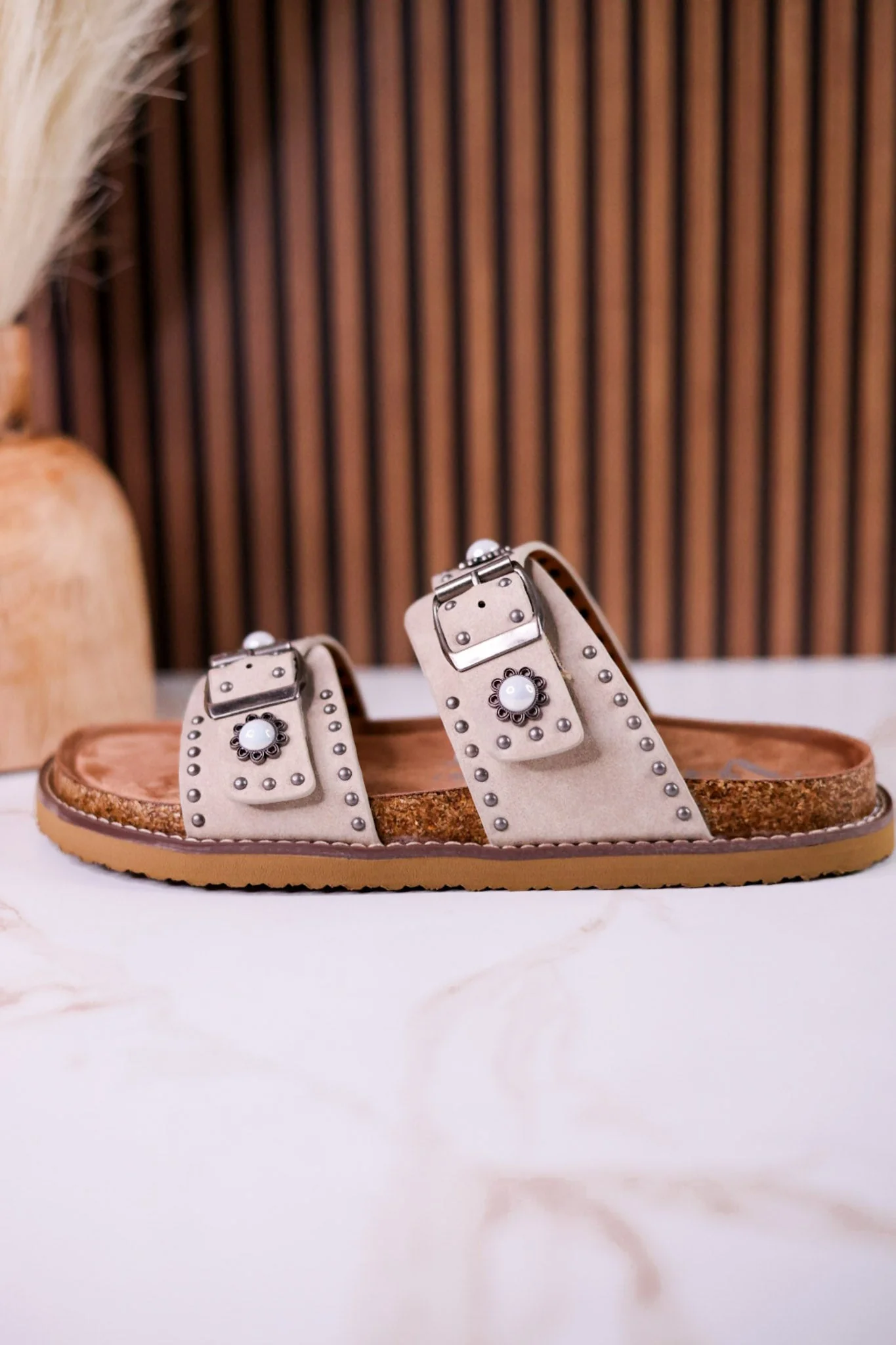 "Connie" Sandals With Studs & Flower Accents In Cream FINAL SALE - Image 6