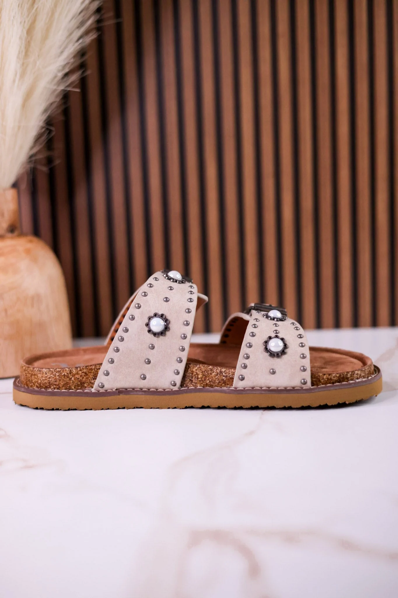"Connie" Sandals With Studs & Flower Accents In Cream FINAL SALE - Image 8