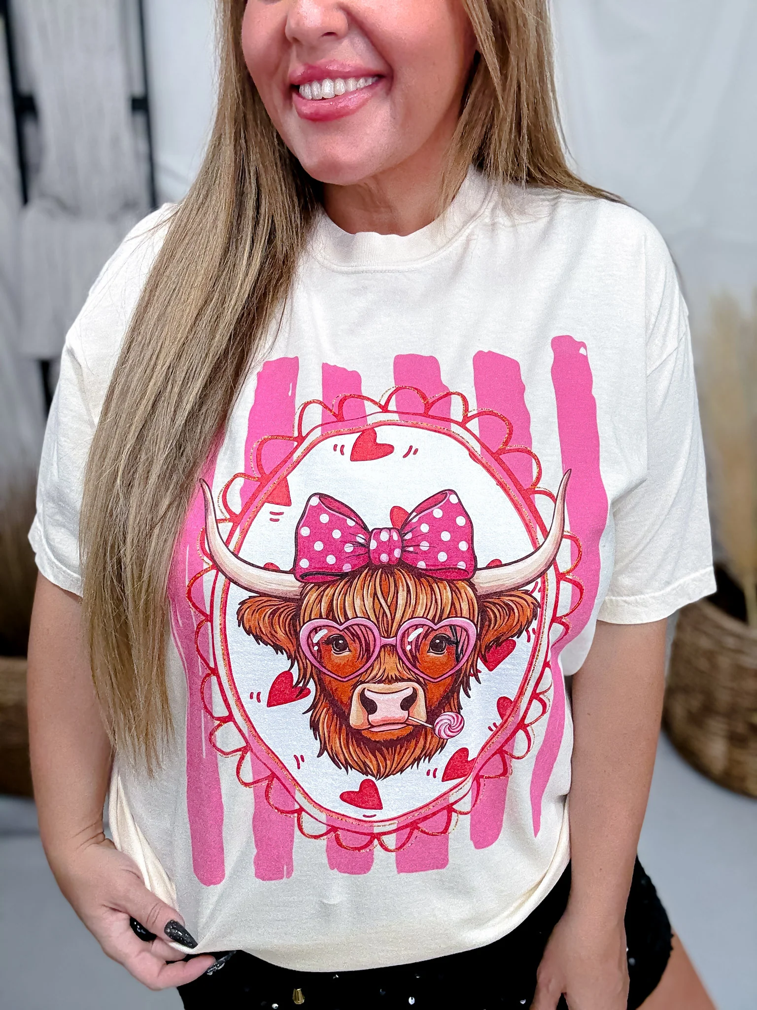 Coquette Valentine's Day Highland Cow White Graphic Tee FINAL SALE - Image 4