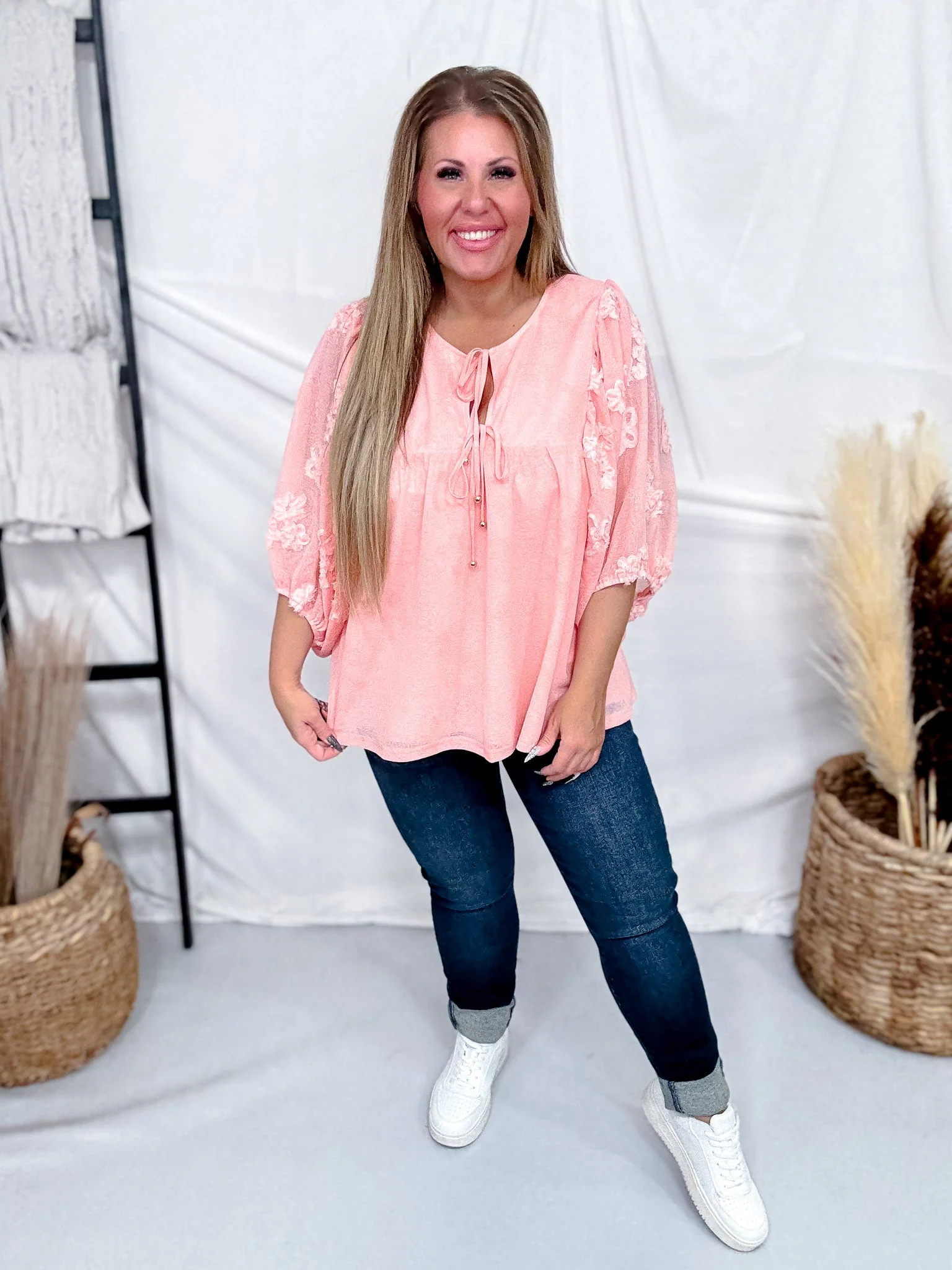 Coral Blouse With Sheer Floral Embroidered Overlay FINAL SALE - Image 2